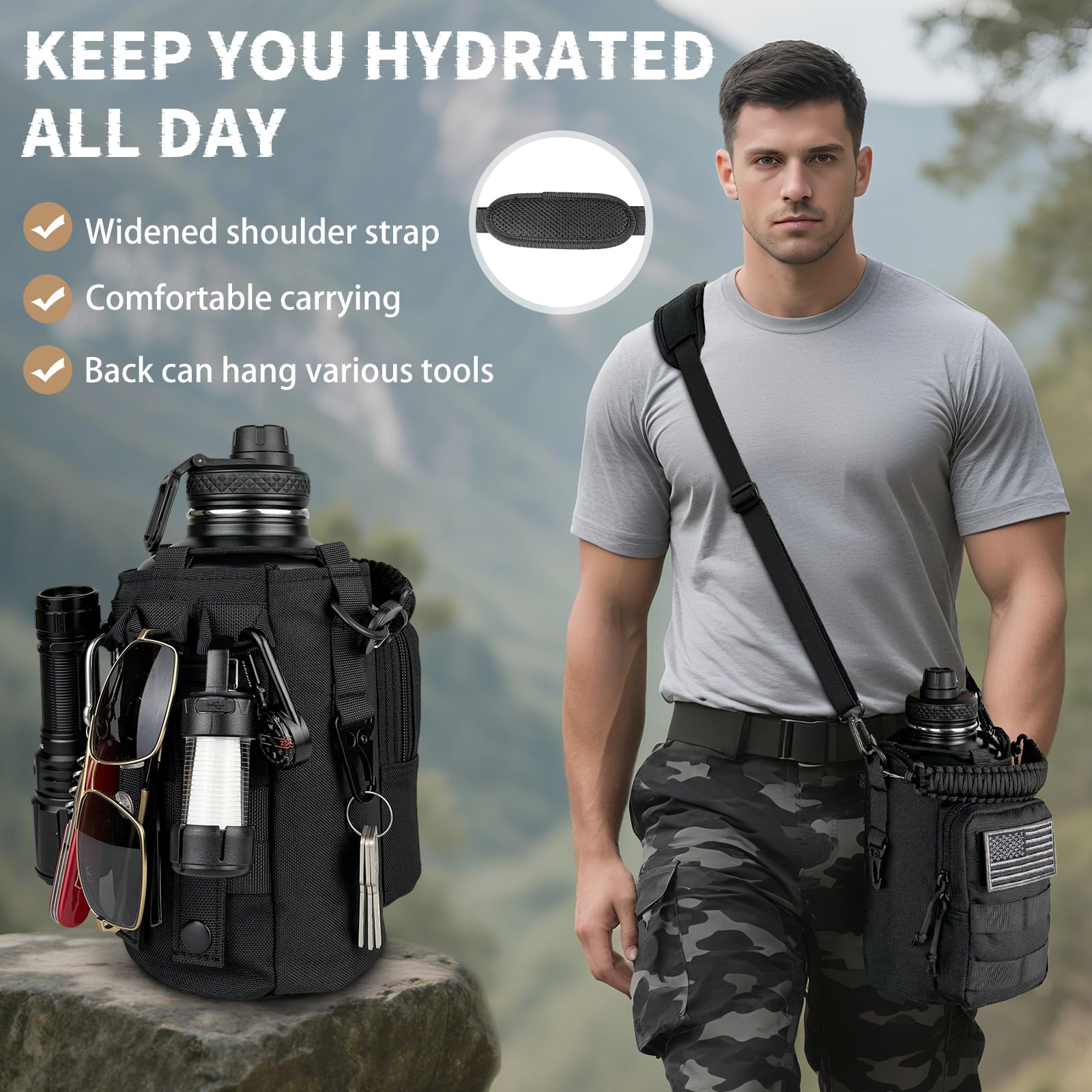 DEFUNX Isolierte Wasserflasche mit Hülle, taktischer 1,8 l Edelstahl-Wasserkrug mit MOLLE-Wasserflaschentasche, Fitness-Wasserflaschen für Herren, Wandern, Workout, Schwarz