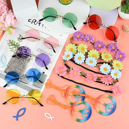 Miniatura 5 de NEBURORA Juego de 18 accesorios de disfraz hippie de los años 60 y 70, juego de accesorios de disfraz hippie con diadema de margarita, collares