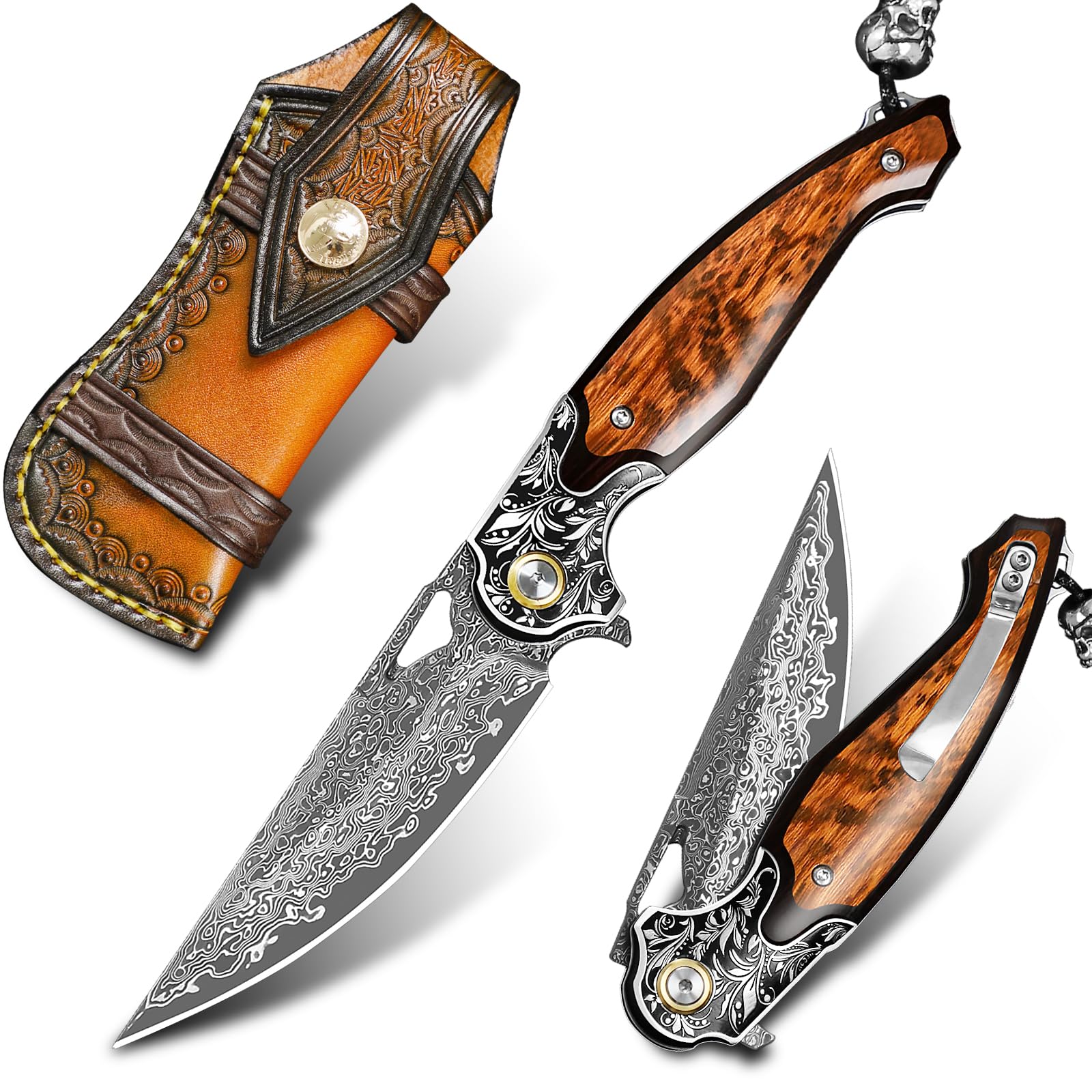 Handgefertigtes Taschenmesser aus Damaszenerstahl, Unisex-Klappmesser mit Lederscheide und Taschenclip, mit rutschfestem Holzgriff. Ideal für Outdoor-Abenteuer und als EDC-Campingmesser.