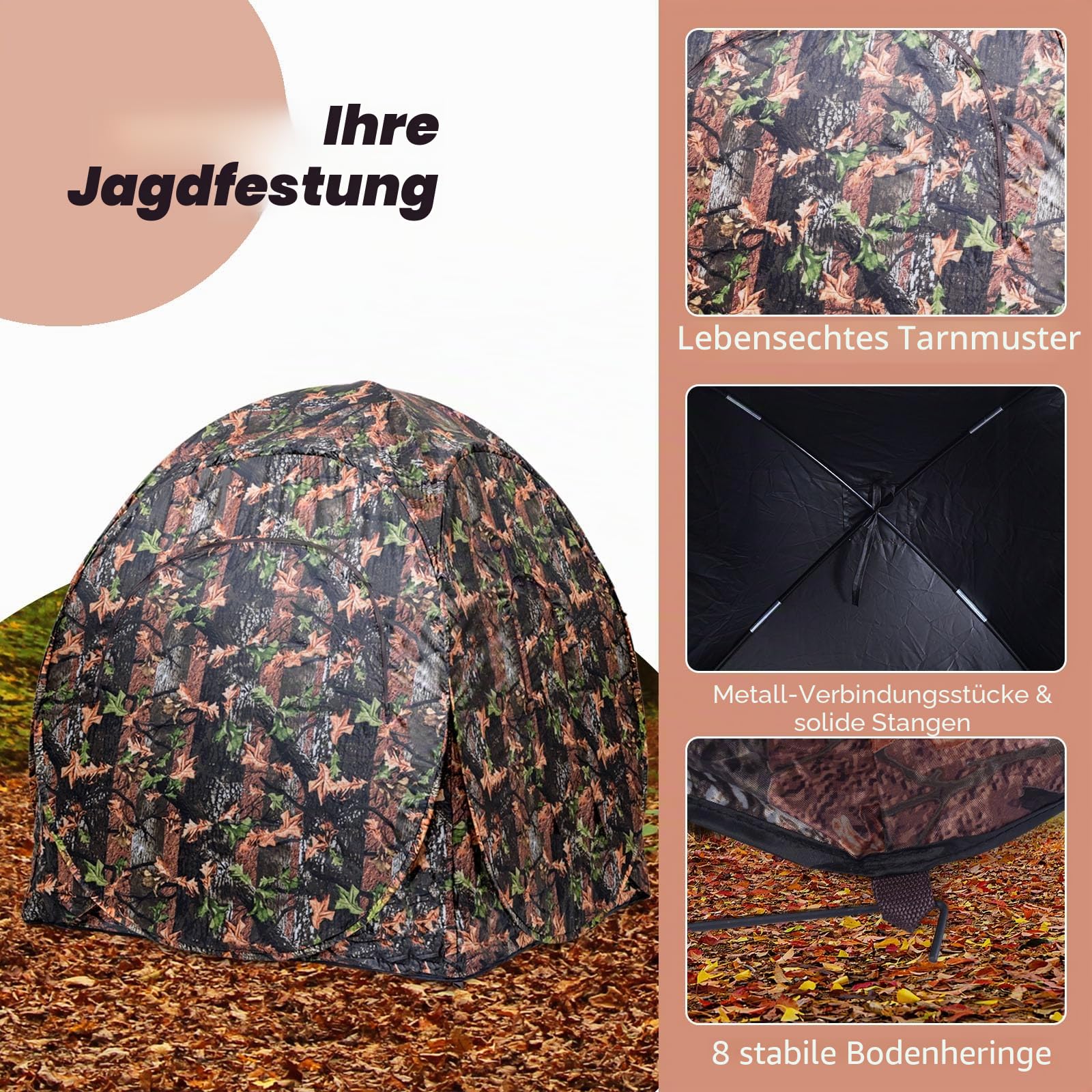 KOMFOTTEU Jagdzelt für 2/3 Personen, Jagdunterstand Bodenzelt mit Tragetasche, Campingzelt mit Fenstern, Wurfzelt für faltbar Jagd, Camouflage