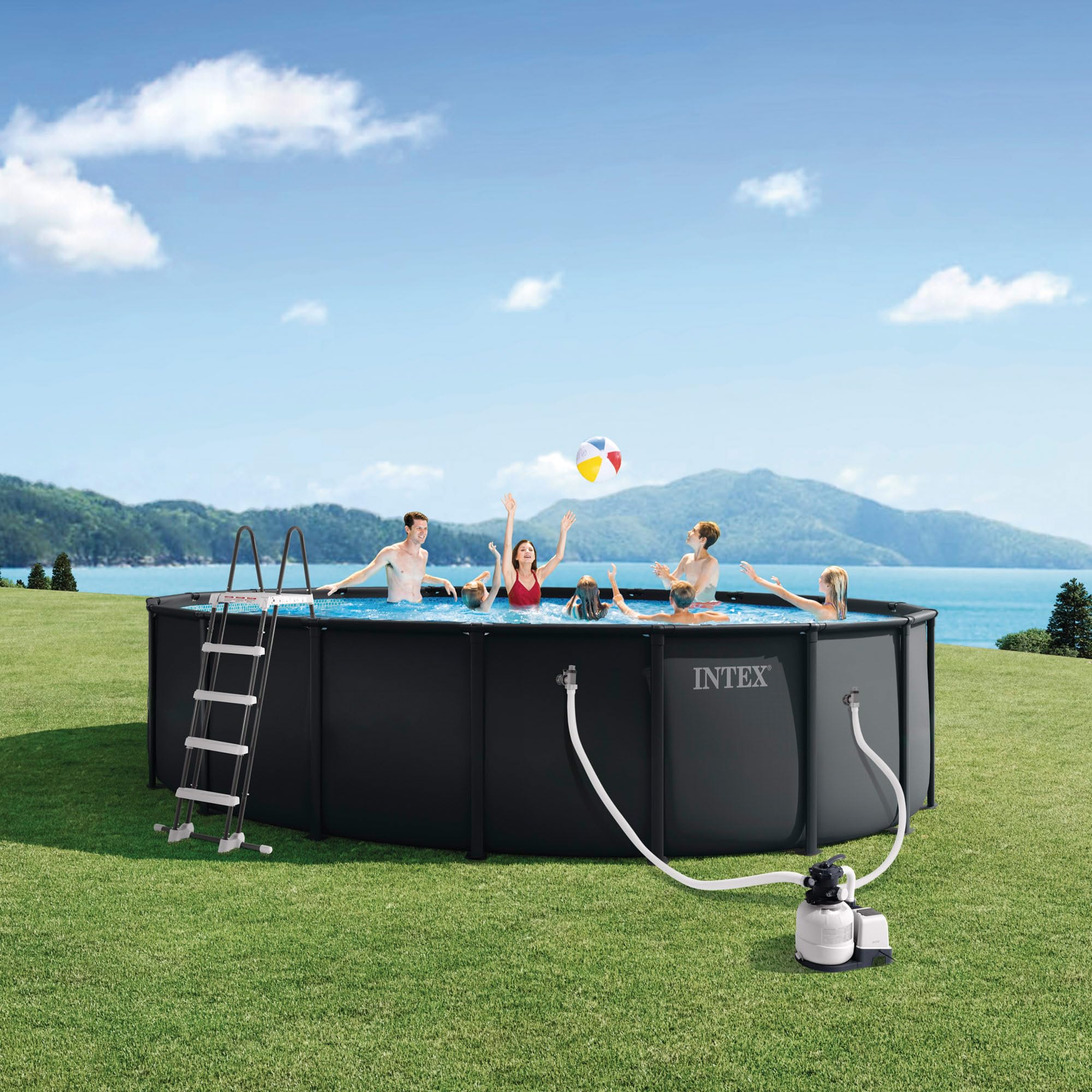 Intex - Piscina Desmontable, Ultra XTR, Gris Oscuro, D488x122 cm, Capacidad para 19.156 litros, Escalera, Tapiz, Cobertor, Estructura metálica, Montaje 45 Minutos, Conexiones Ø38 mm (56089)