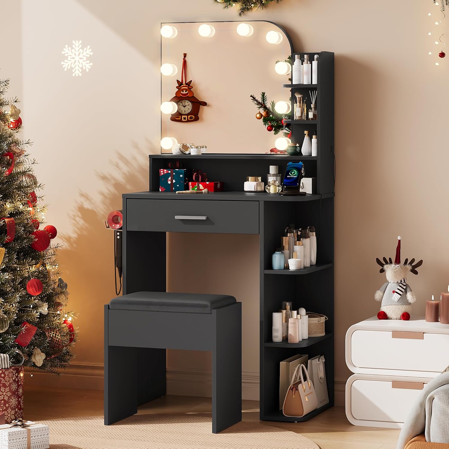 Small Vanity Desk with Mirror and Lights, 26.4" W Teen Vanity Set with Chair and Power Outlet, 3 Lighting Color Adjustable, Bedroom Vanity for Girls, Black