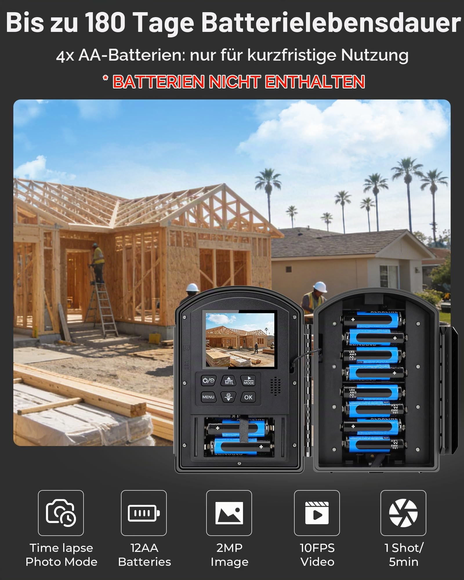 Zeitraffer Kamera für Außenbauprojekte, 180 Tage Aufnahmezeit, Timelapse Kamera mit IR-Positionierung, Aufnahme von 1080P AVI-Videos und Fotos für Pflanzenwachstum, Baustelle(64 GB TF-Karte)