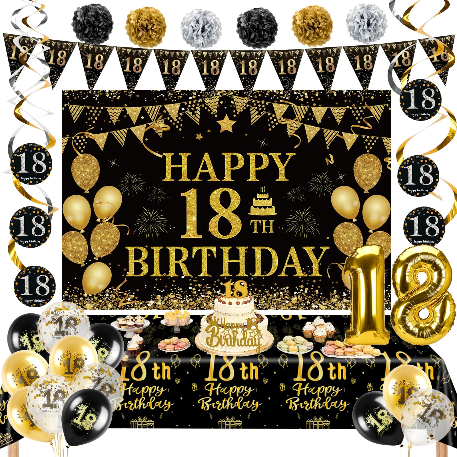 18th Birthday Decorations for Men Women, Black Gold Party Backdrop Happy 18th Birthday Decoration Set with Banner Number Foil Balloon Tablecloth Cake Topper, 18 Year Old Party Supplies Decor — image 1