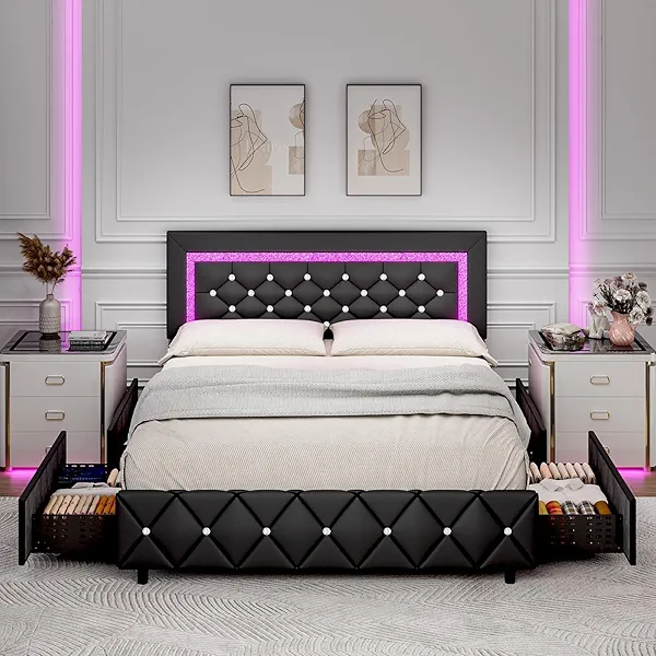 Queen Bed Frame with LED Lights, Upholstered Bed Frame with Storage Drawers, Modern Platform Bed with Diamond Headboard and Footboard, No Box Spring Needed, Black