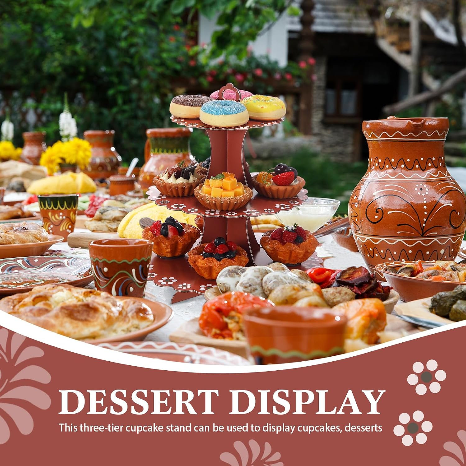De Barro Mexican Cielito Lindo Party Decoration, 3 Tier Terracotta Cupcake Stand, Cardboard Dessert Tower Holder Display for Wedding Cinco De Mayo Baby Shower Birthday Fiesta (Brown) image 2