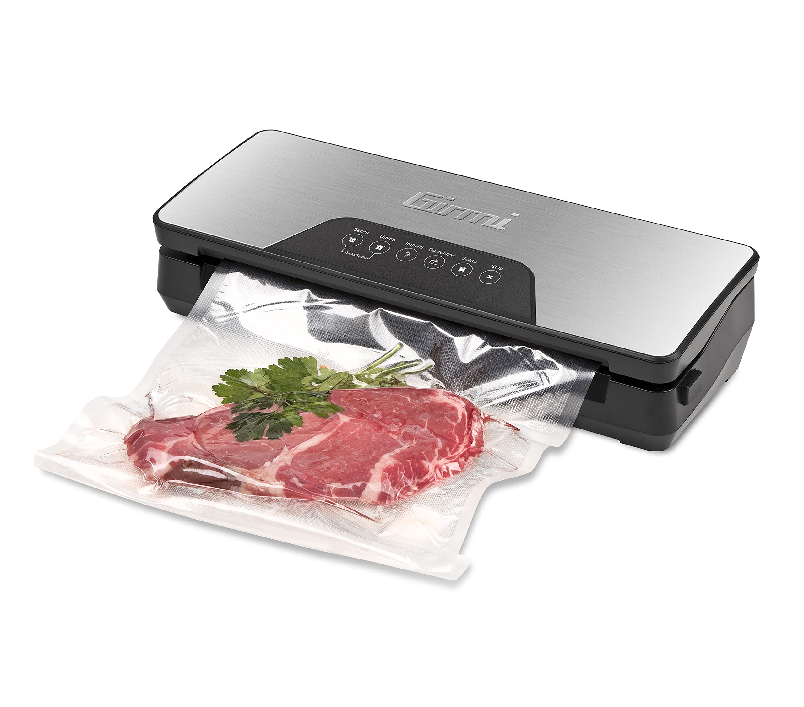 Girmi VT75 Macchina per il Sottovuoto per Alimenti Automatica,130 W, Forza Aspirante -750 mBar, 3 Funzioni sigilla, sottovuoto, contenitori, Panello Soft-Touch, Include rullo, Nero