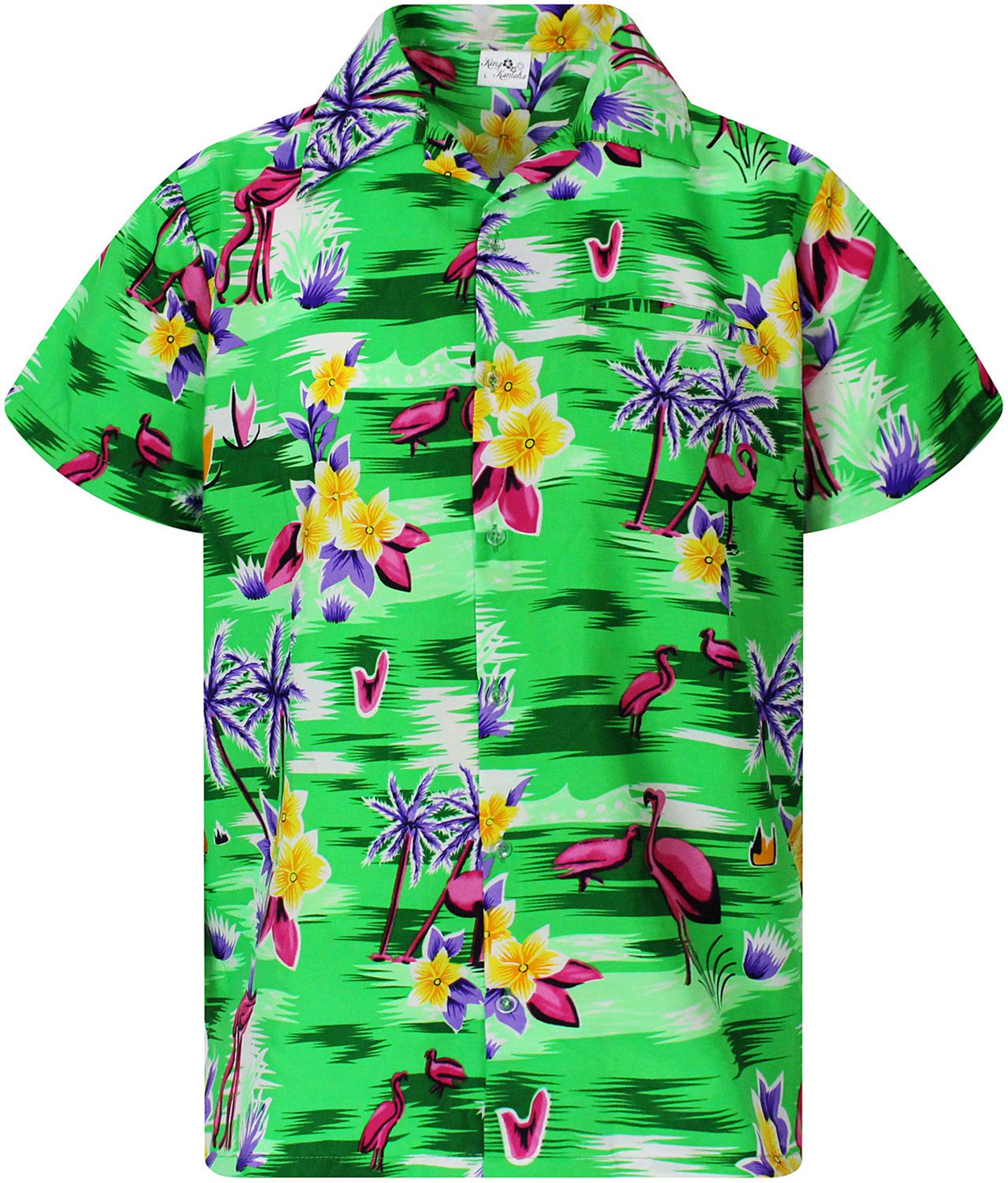 King Kameha Funky Hawaiian Shirt for Men – Tropical Men’s Hawaiian Shirt Short Sleeve, Flamingos, Loud-Green, L
