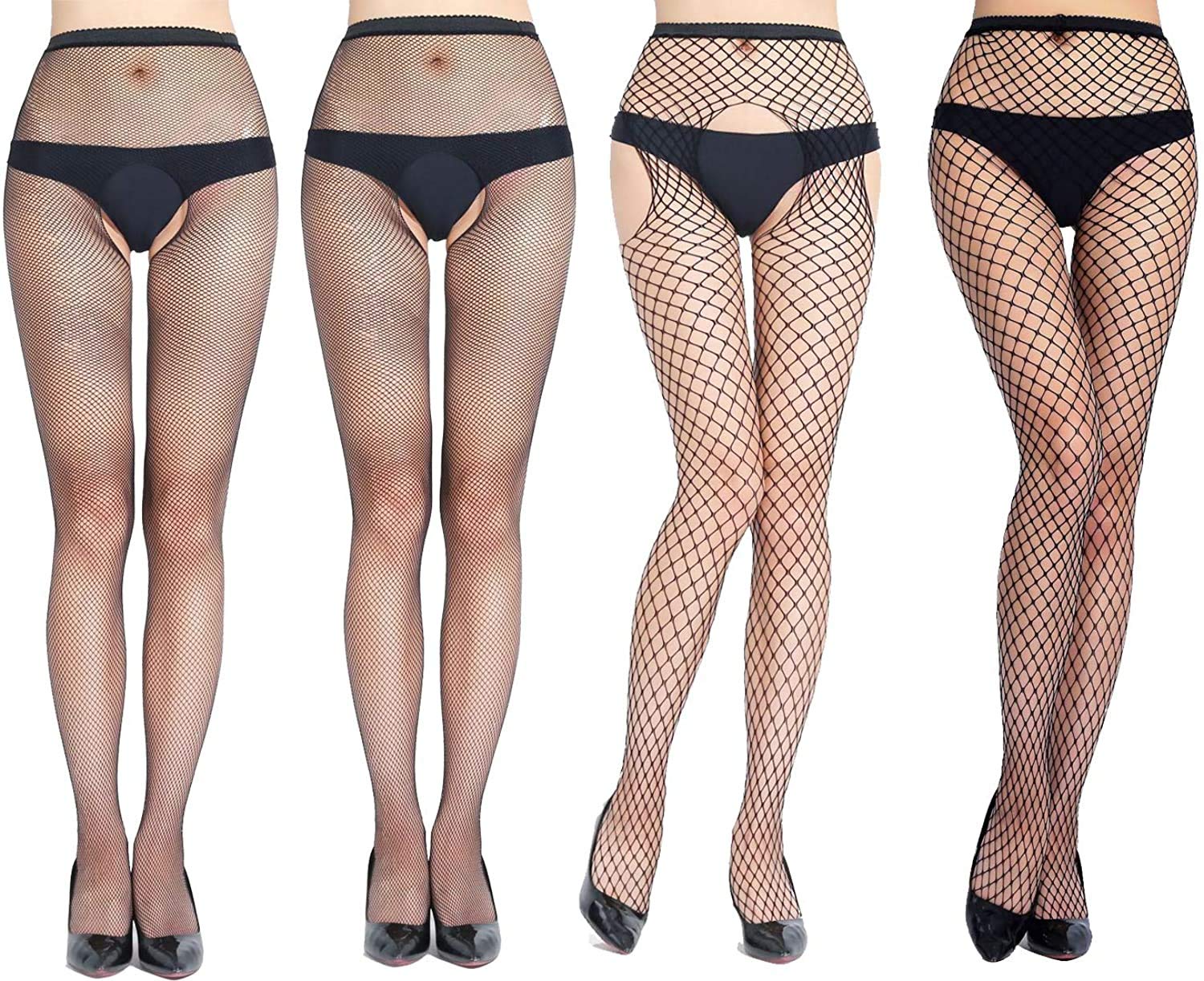 Womens Fishnet Tights strechy Fishnet Stockings Patterned Tights Mesh Net Pantyhose - #2 Black (Open Crotch) One Size