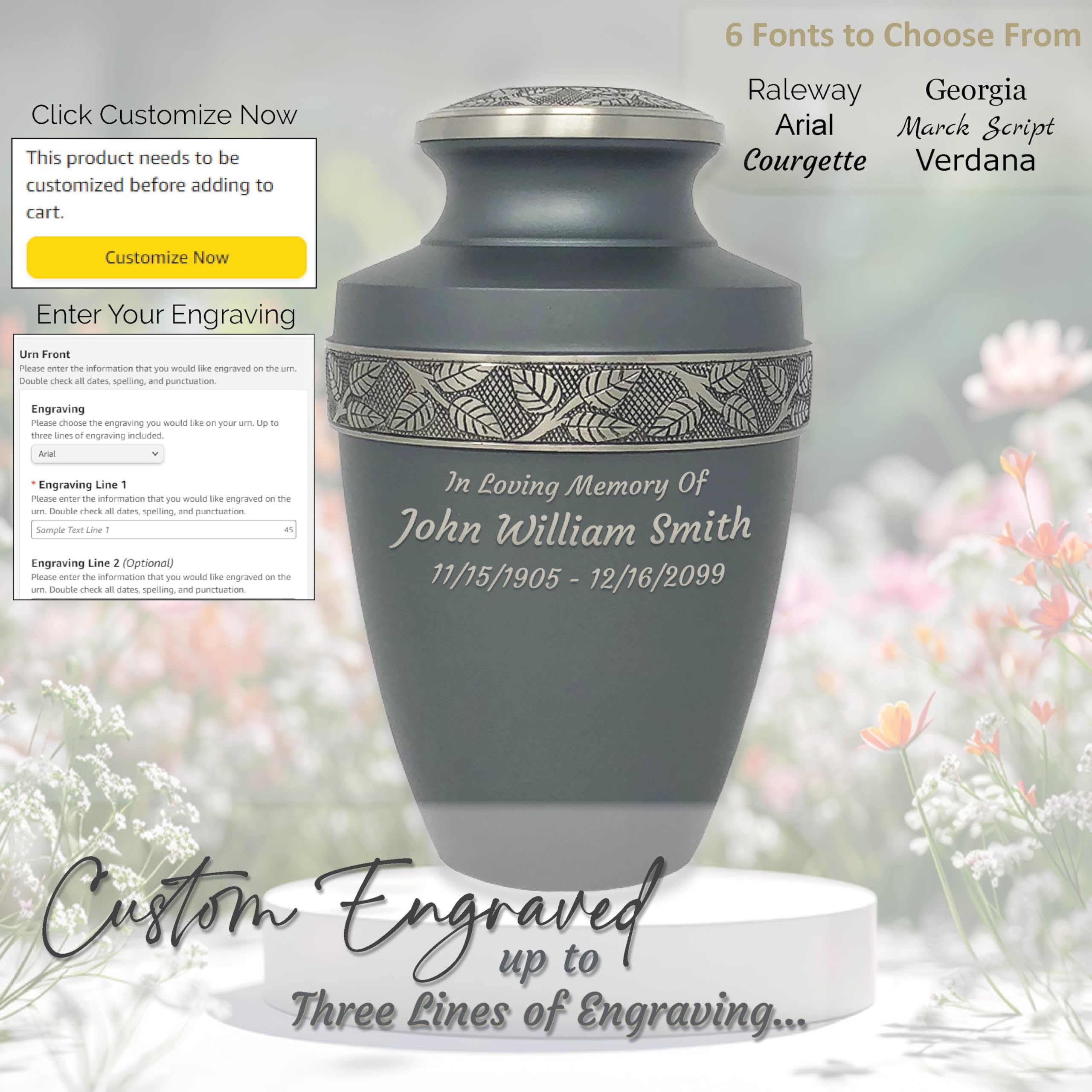 Custom Engraved Revere Rustic Pewter Adult Urn - Momentful Life Metal Adult Cremation Urn - Hand Engraved Accents