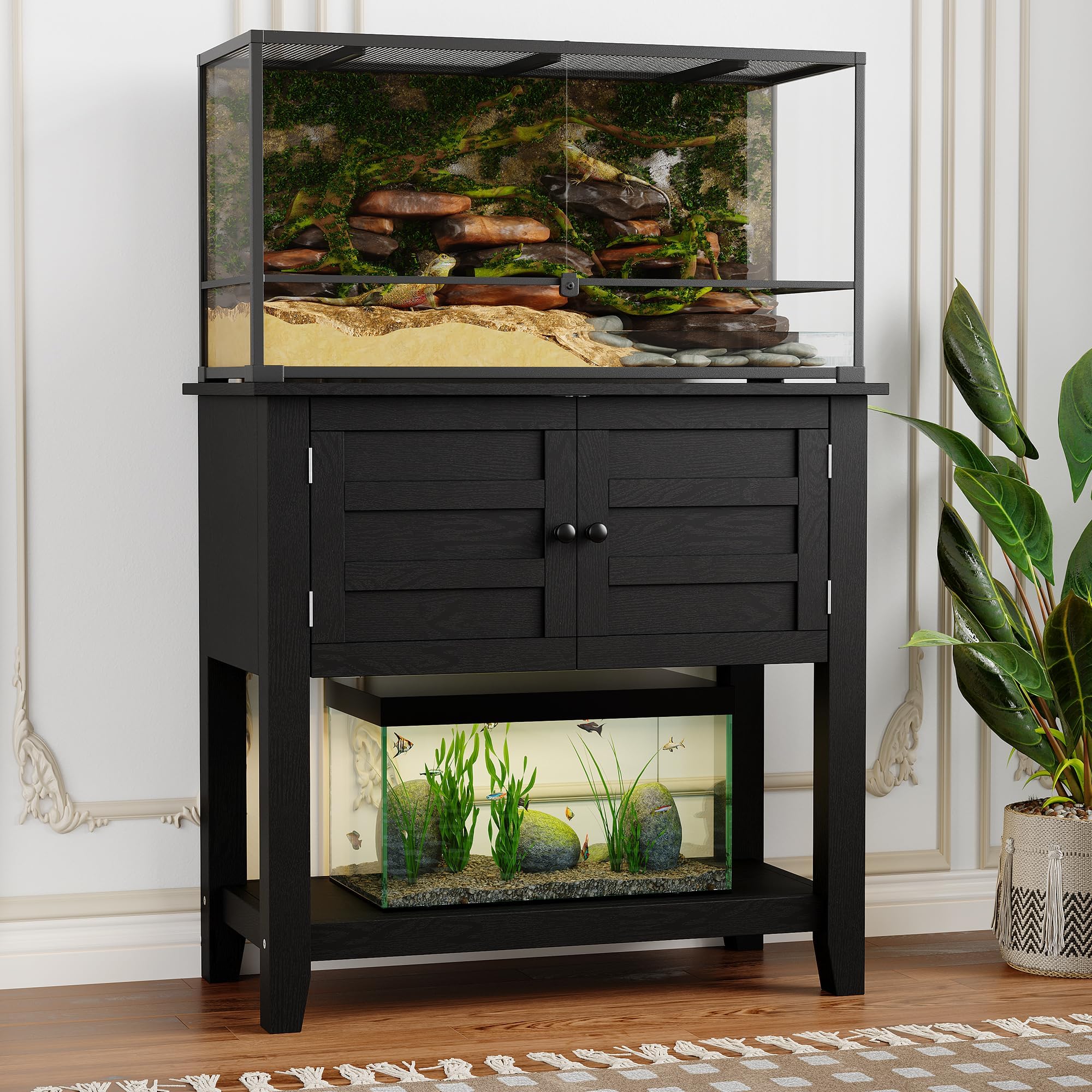 Meuble Aquarium Noir et Bois Support 75L-110L Autoportant Capacité 300kg