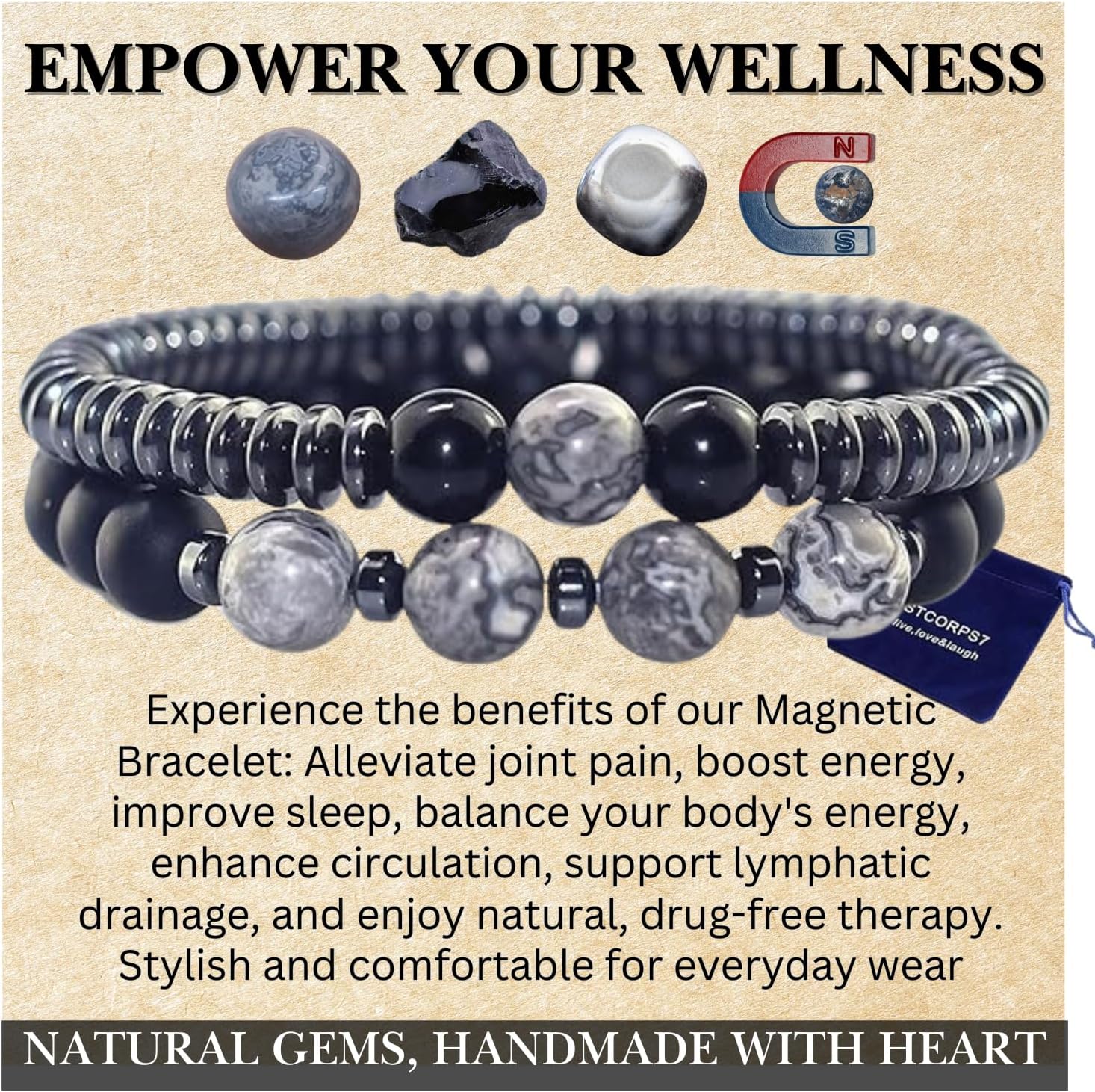 Gifts for Women, Gifts for Women, Magnetic Bracelet Arthritis Energy Healthy Jewelry Therapy for Sleep, Hematite Bracelet, Crystal Jewelry Bring Luck, Prosperity and Happiness - Image 2