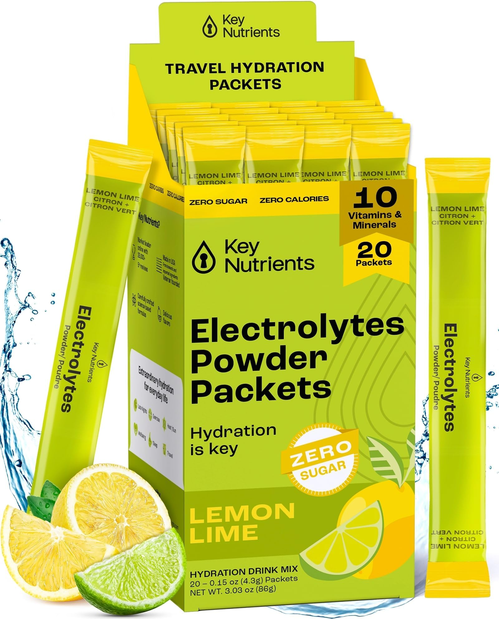KEY NUTRIENTS Electrolytes Powder Packets 20 Pack - No Sugar, Refreshing Lemon Lime, Hydration Packets with Electrolyte Powder for Refreshing Electrolyte Drink Mix Packets - Zero Calories