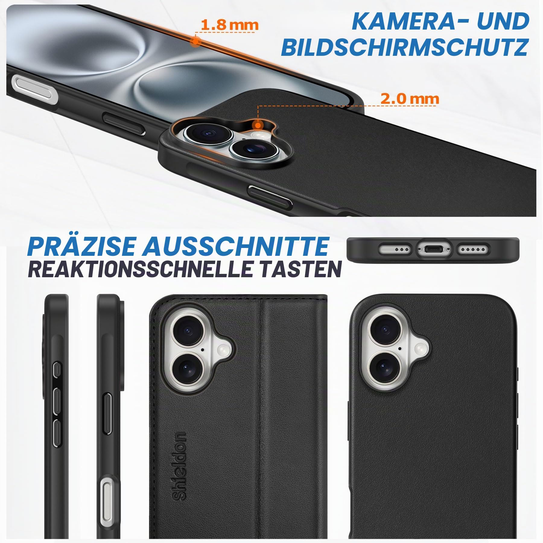 SHIELDON Abnehmbare Echtleder Hülle für iPhone 16 6,1" 5G 2024, Schwarz
