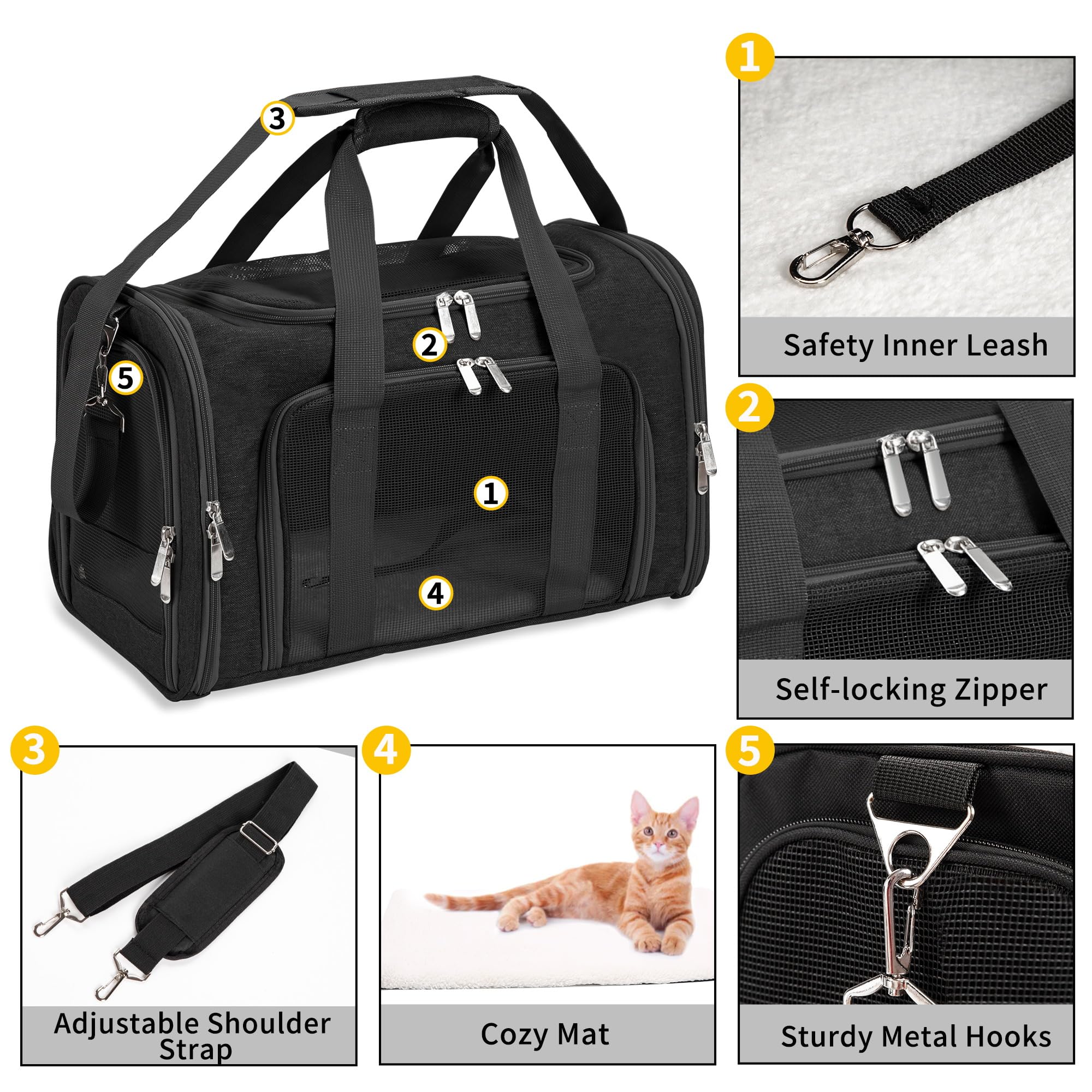 Soft Sided Cat/Pet/Dog Carrier Bag,Portable Foldable Pets Travel Carriers For Cats/Dogs With Shoulder Strap & Removable Mat,Durable Puppy Basket of 16 lbs Airline Approved - Image 3