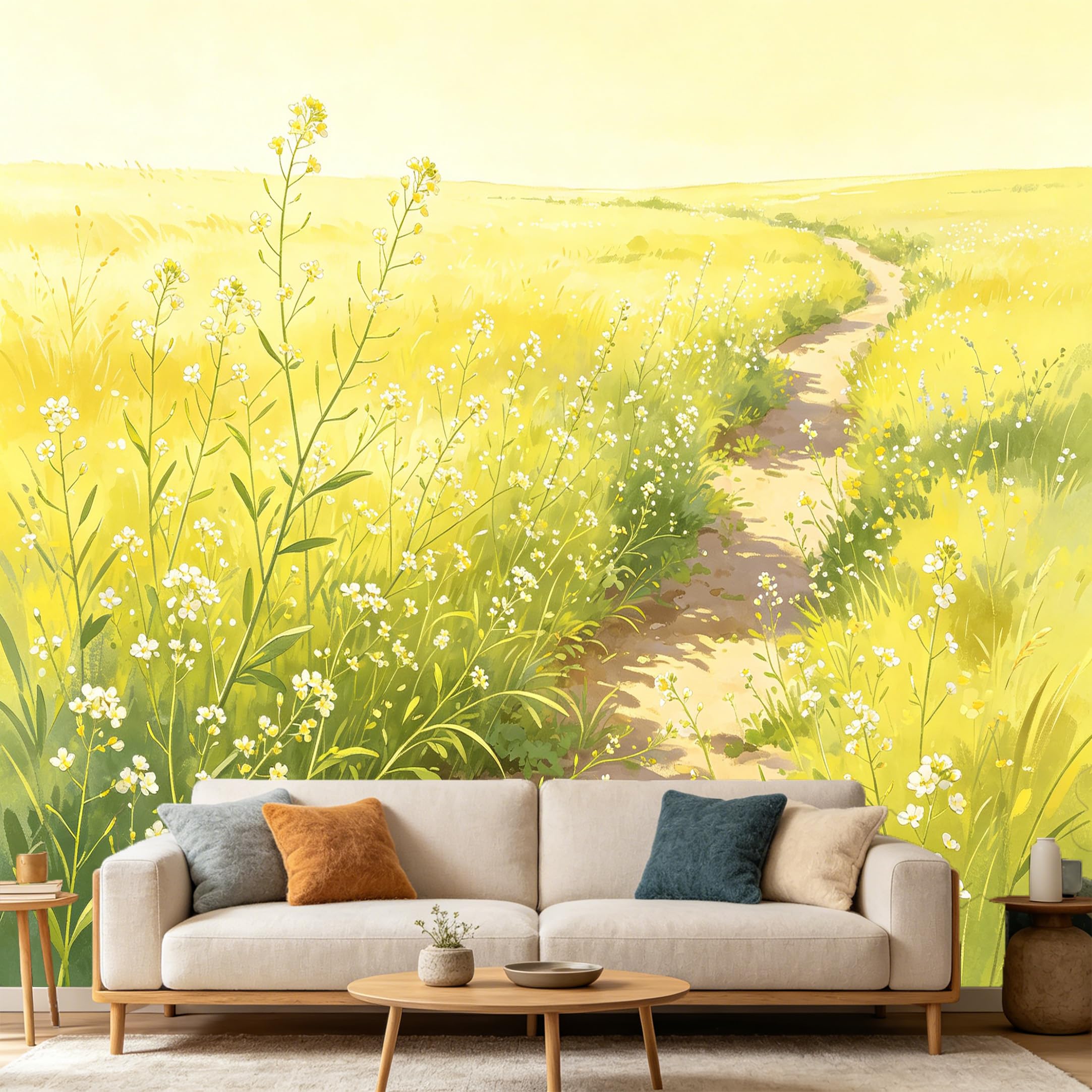 Custom Size Wall Mural Watercolor Landscape Yellow Wildflower Field Path SelfAdhesive Art Prints wall Fabric（No PVC） Removable Wallpaper Home Bedroom Decor