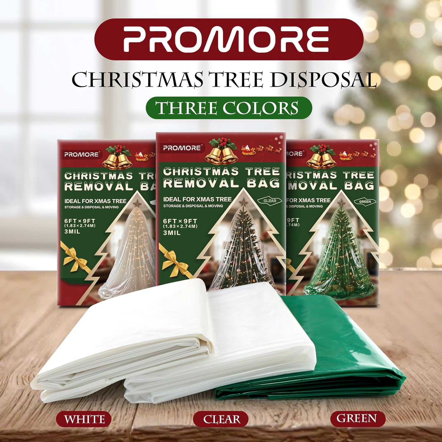 PROMORE Christmas Tree Disposal Removal Bag, 3Mil Heavy Duty, Extra Large For 9x6 FT Real or Artificial Xmas Tree, Tear-Resistant & Odorless Polyethylene Plastic Storage Bags - (Clear Color)