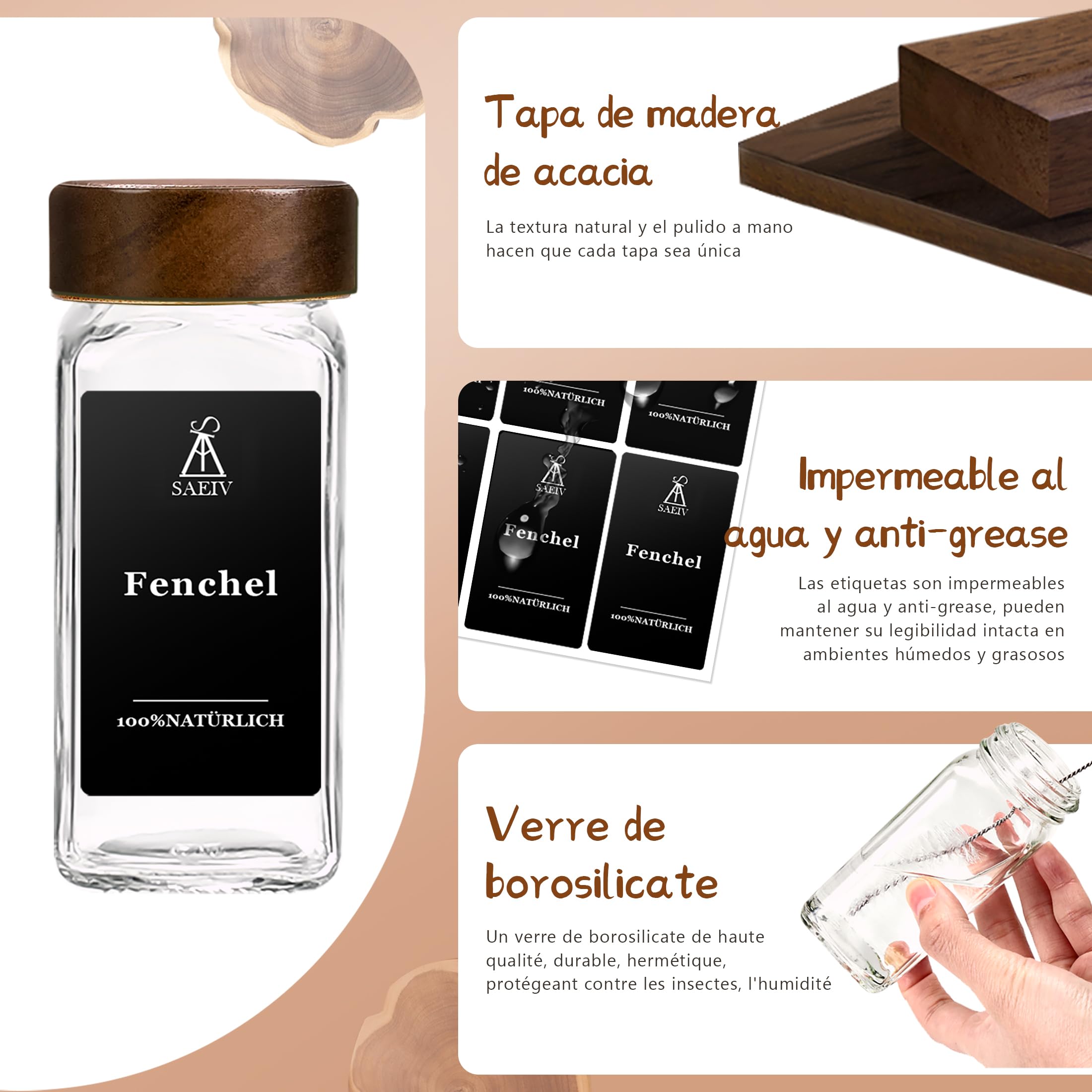 SAEIV Elegante Botes de Especias en Cristal Acacia (24 x 120 ml), Almacenaje Cocina Cuadrado con Etiqueta - Juego Utilitario