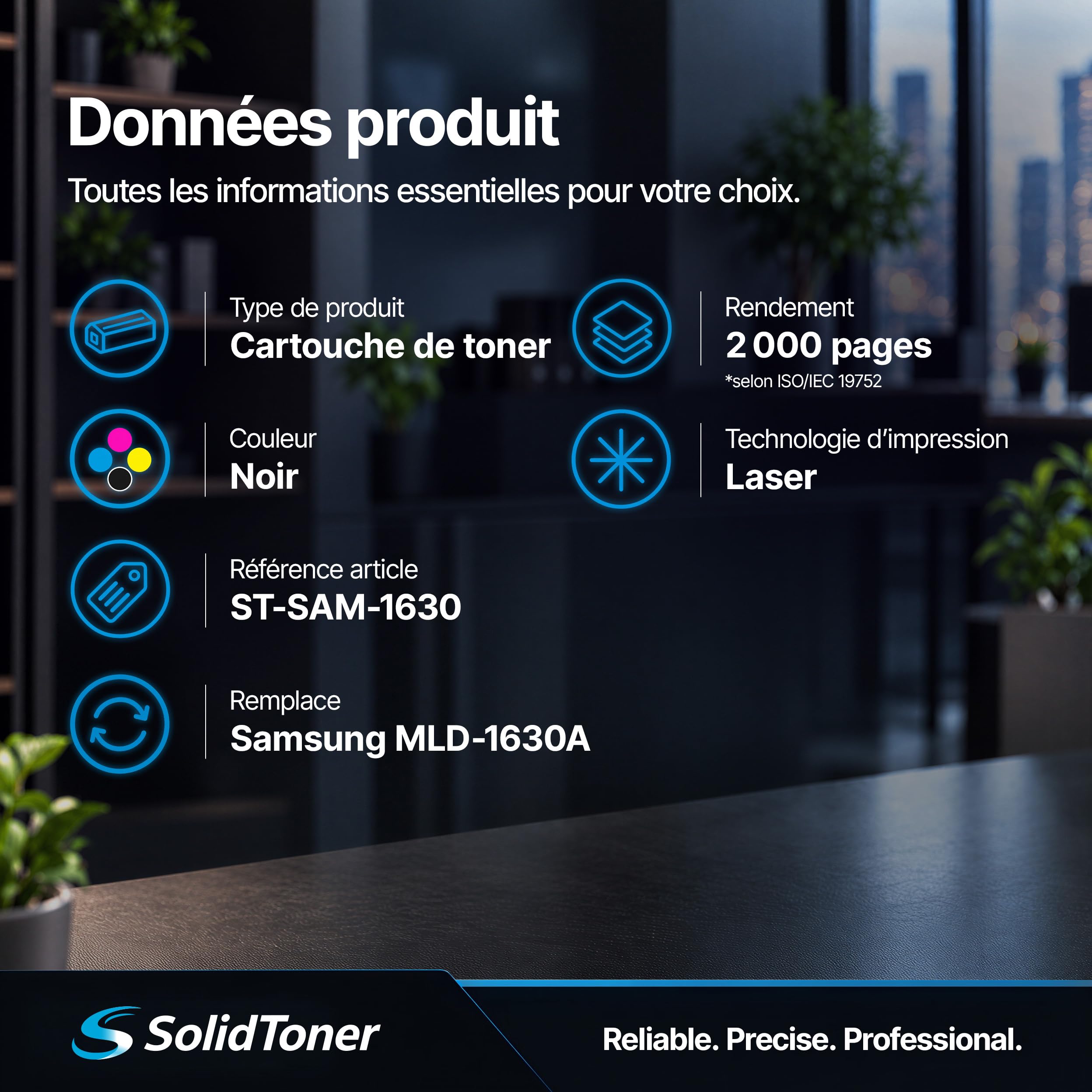 Cartouche de Toner Noir 2 000 Pages remplace Samsung MLD-1630A
