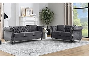 Charming Grey Velvet Chesterfield Sofa Set Adorned with Nailhead Detailing