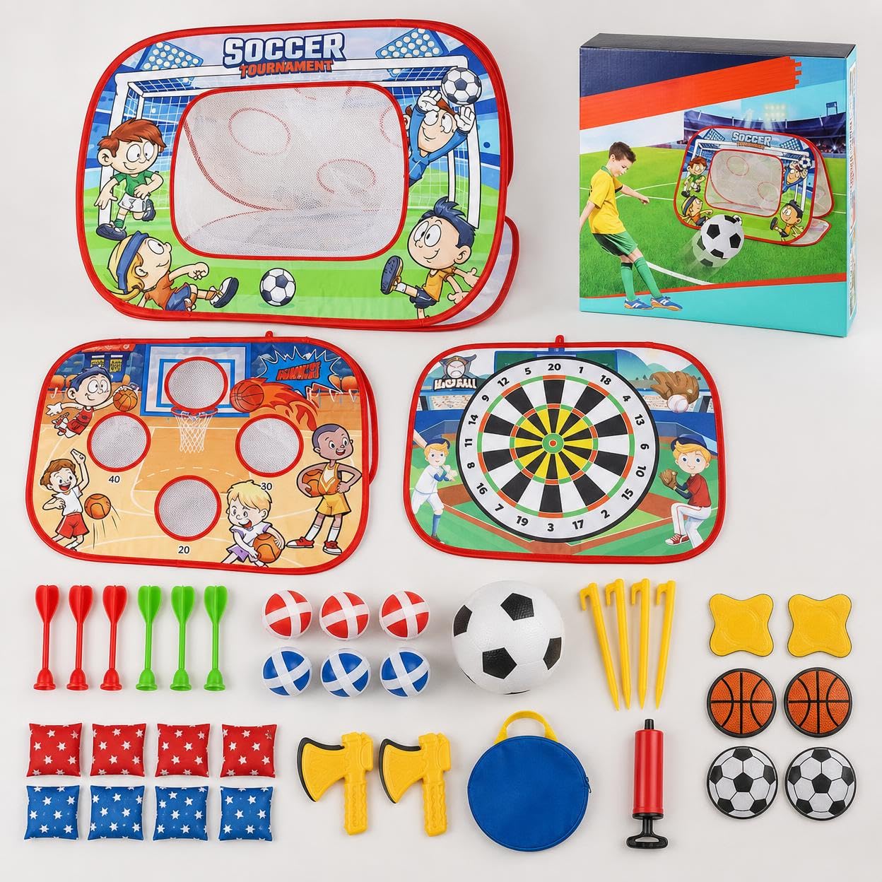 Giochi di lancio per bambini 4-6 anni, set da gioco all'aperto pieghevole, con bersaglio, calcio e palla appiccicosa, per feste e giardino