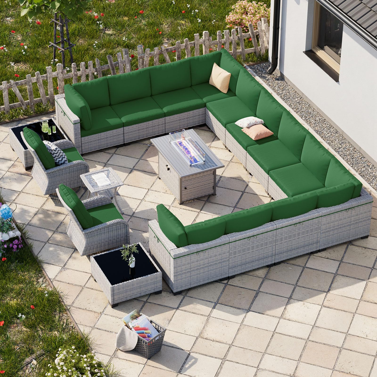 18-Piece Patio Furniture Set, Outdoor Patio Furniture with 55,000 BTU Fire Pit Table, Swivel Chairs Set, Thick Cushions, Modular Patio Sofa, Dual-Strand Wicker Rattan, Rust-Resistant Frame,Dark Green
