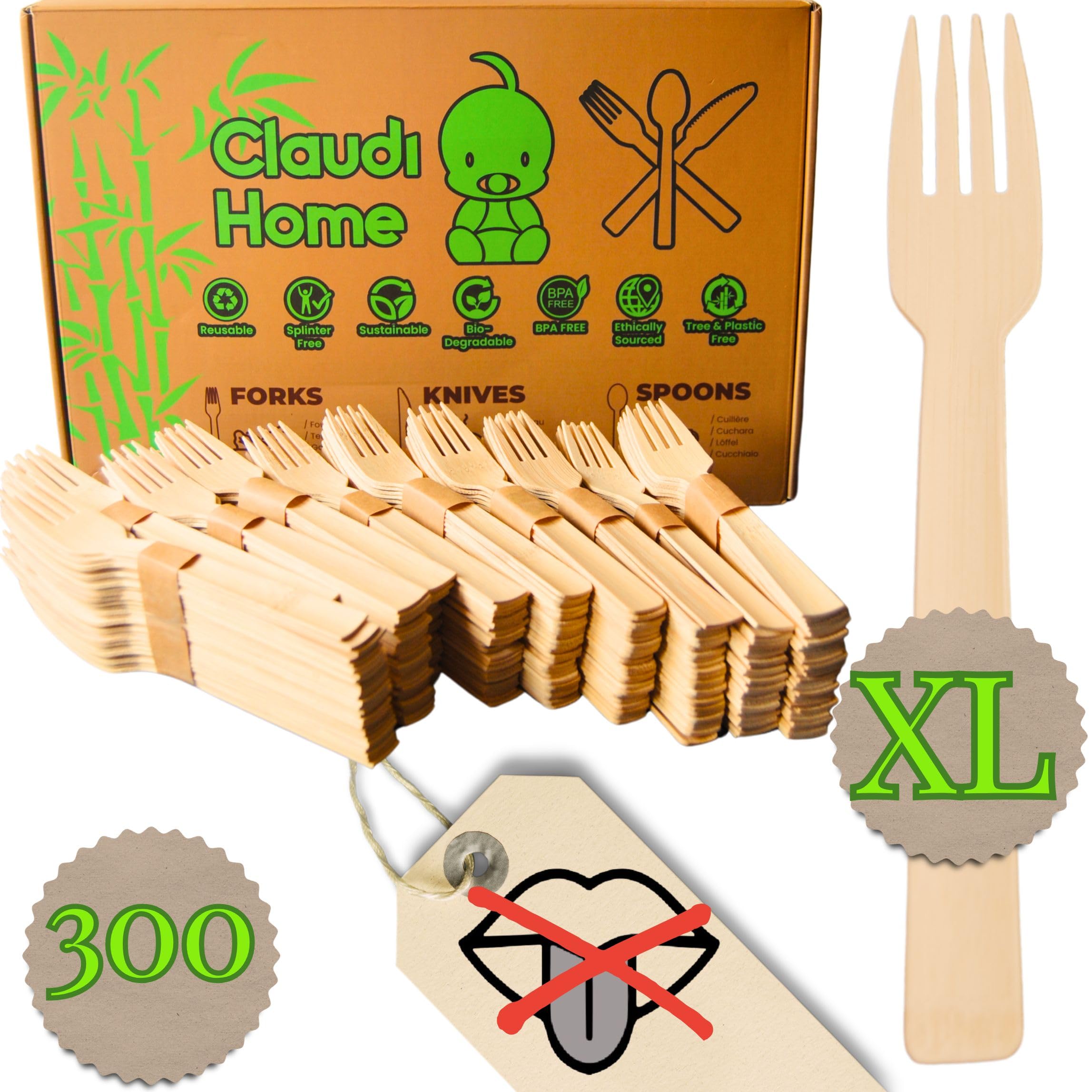 Fourchettes en Bambou Sans Goût de Bois - 300 Couverts Jetables et Solides pour Pique-nique et Fête