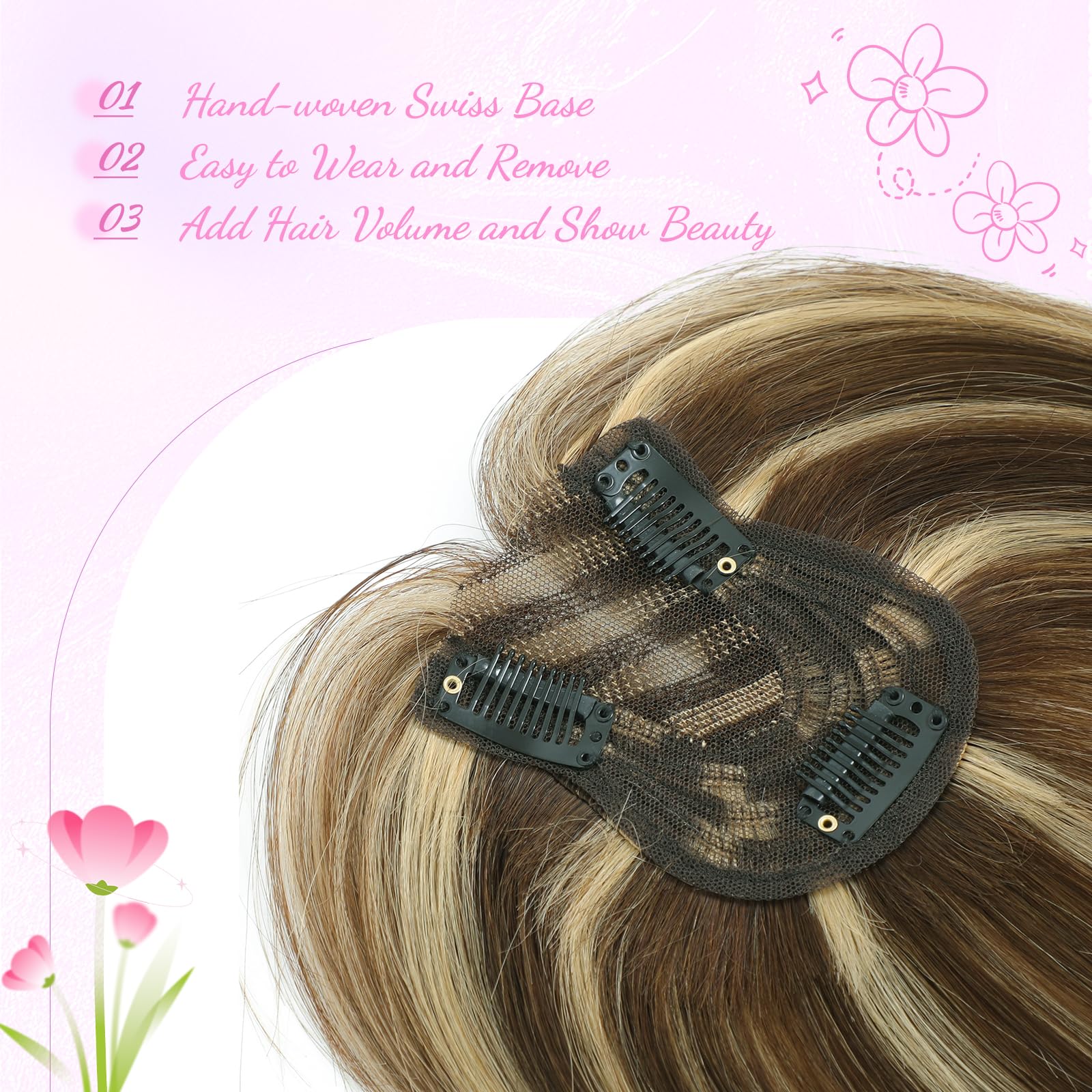 Hair Toppers for Women Fluffy Human Hair Topper 10inch Handmade Swiss Base Hairpieces 360° Cover Hairloss and Grey Hair (Medium Brown with Highlight) - Image 3