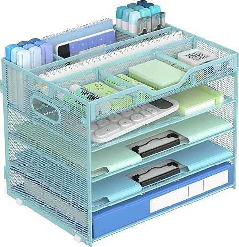 Miniatura 17 de Docnest Bandeja de papel de 3 niveles, organizador de escritorio de malla metálica con asa, soporte para bolígrafo integrado, almacenamiento de 3