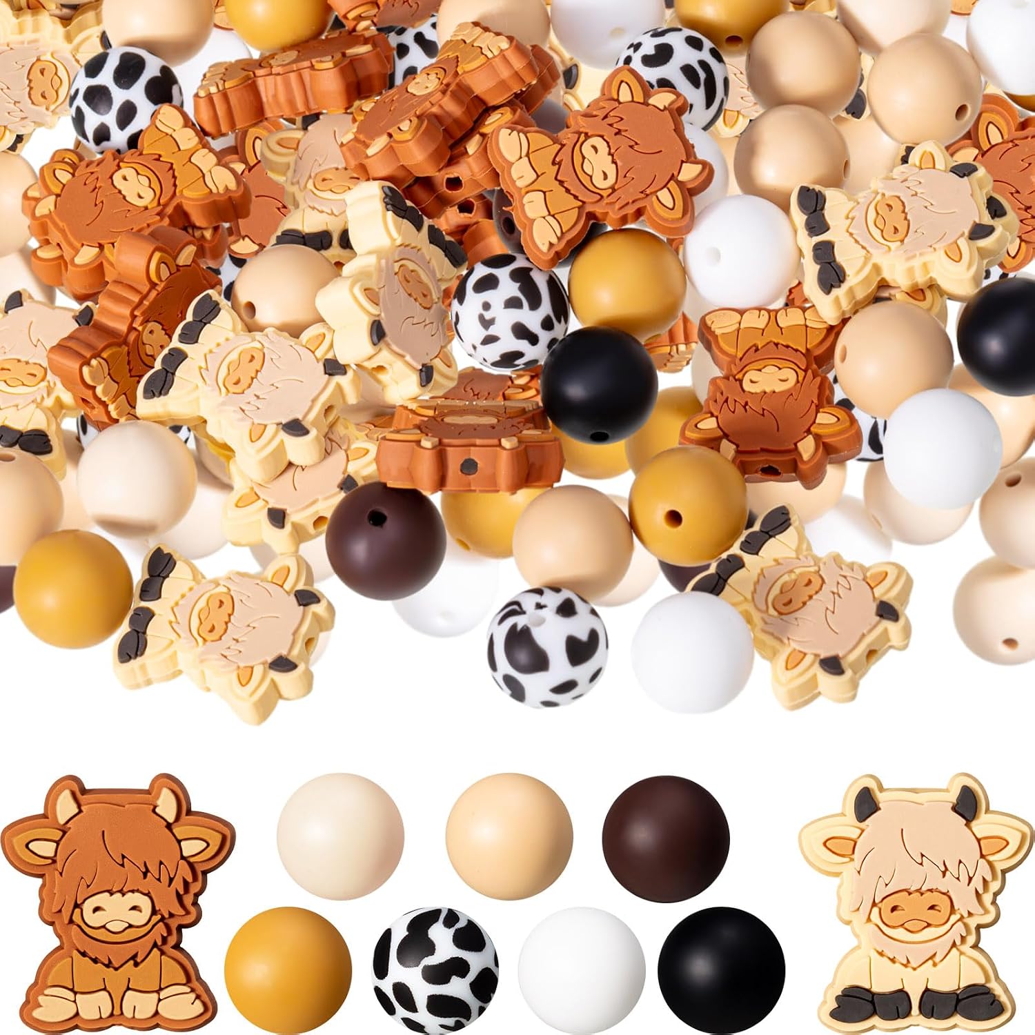 Highergo 120 Pcs Highland Cow Silicone Beads Bulk Round Colorful Cartoon Animal Shaped Focal Loose Flat Cow Print Beads for Jewelry Necklace Bracelet Keychain Lanyard Making DIY Pens Crafts