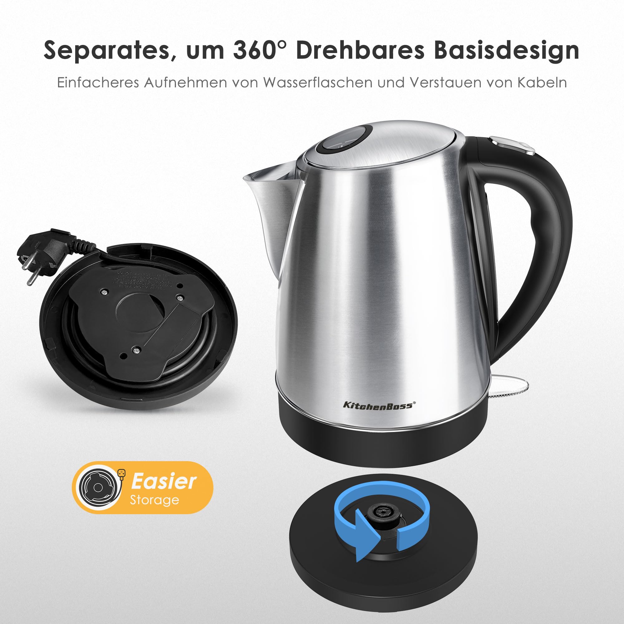 KitchenBoss Bollitore Elettrico in Acciaio Inox 1,7 L：Bollitore Elettrico 2100W, con Filtro Rimovibile, Indicatore del Livello dell'Acqua, Base Rotante a 360°, Spegnimento Automatico