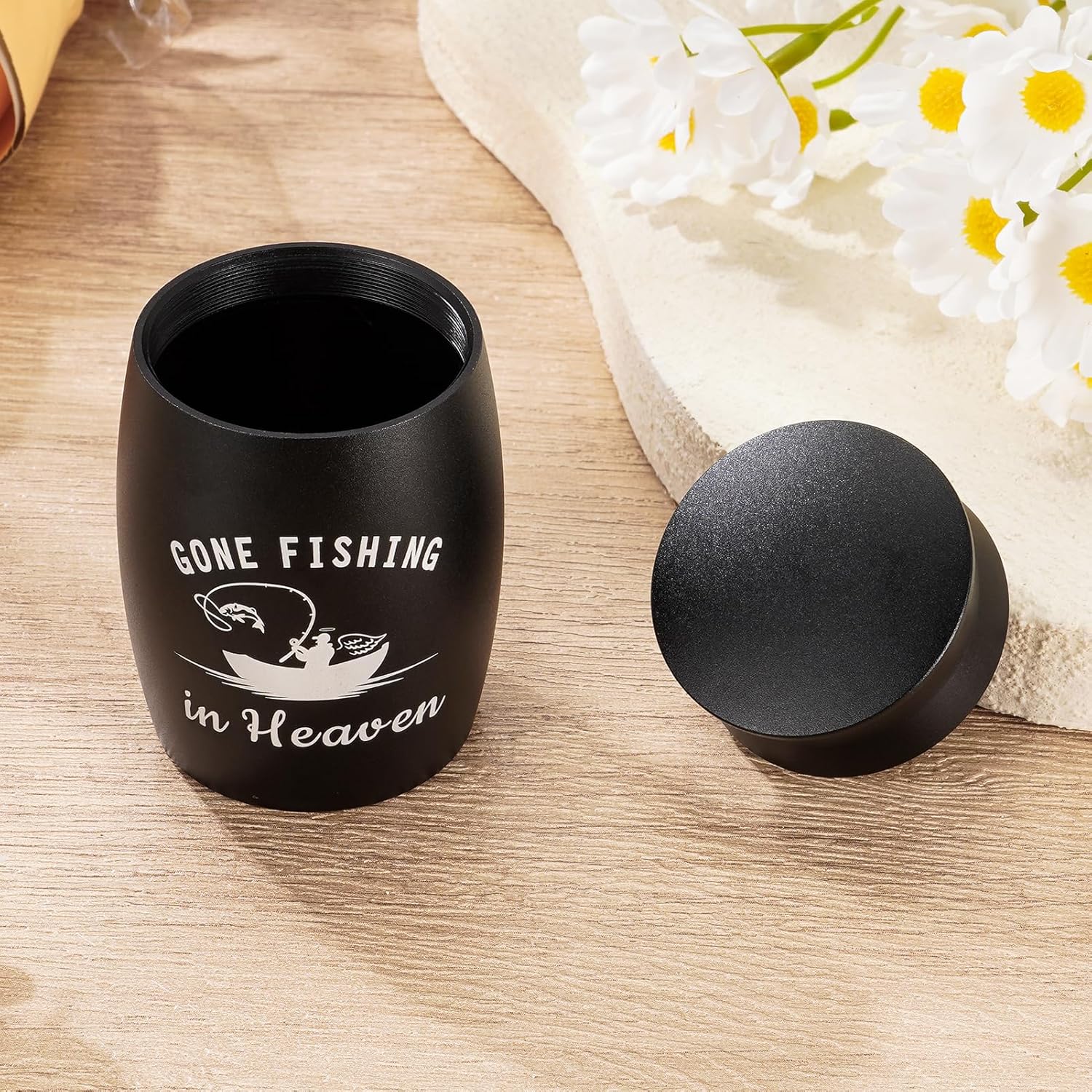 SOITIS Customized Small Urns for Human Ashes - 2.76 Inches Black Aluminium Urn for Ashes Keepsake, Engraving Cremation Urns Memorial Holder, Funeral Sharing Decorative Urn - Gone Fishing Mini Urn