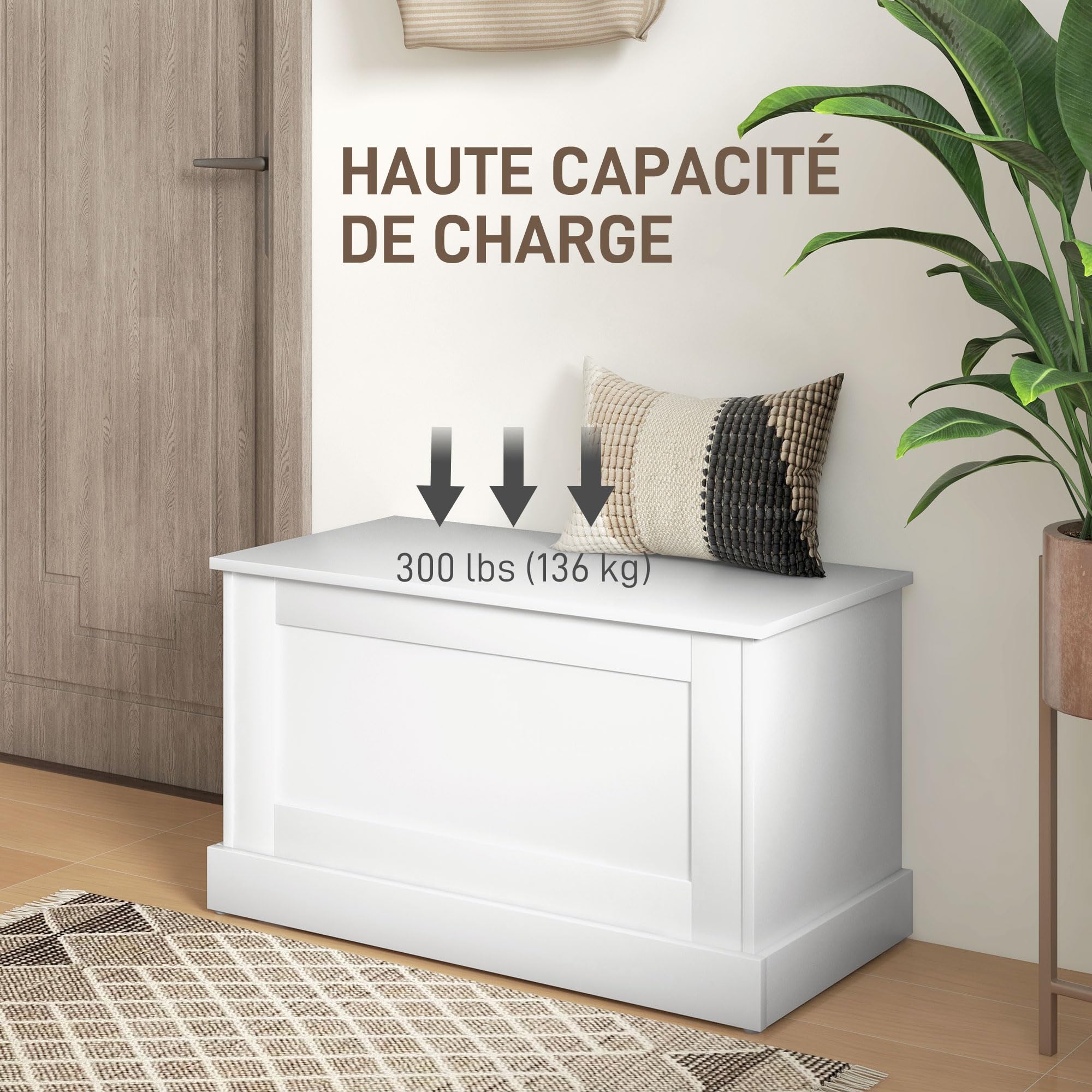 HOMCOM Coffre de Rangement, Coffre à Jouets en Bois, avec charnière de sécurité, pour Salon, entrée, 80 x 40 x 45 cm, Blanc