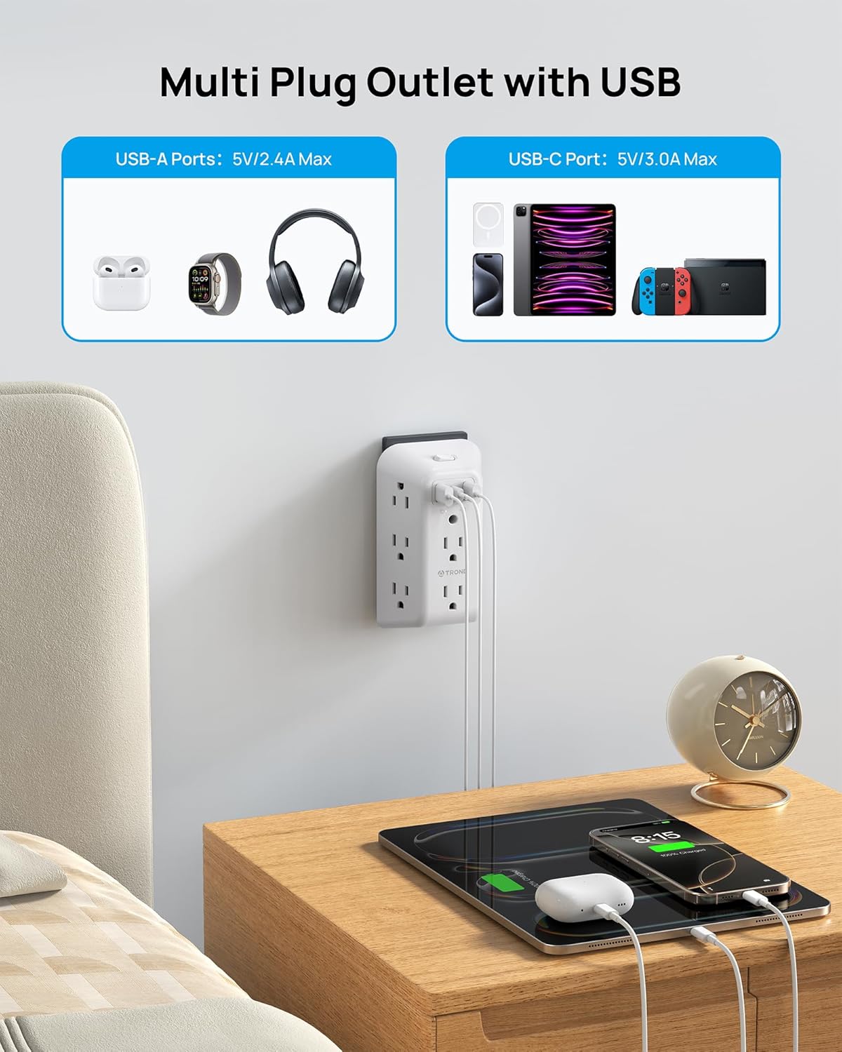TROND Surge Protector 8 Outlet Extender - Multi Plug Wall Outlet with 3 USB Ports, Widely Spaced Power Strip with ON/Off Switch, 1440 Joules, USB Wall Charger for Home Bathroom Kitchen Dorm