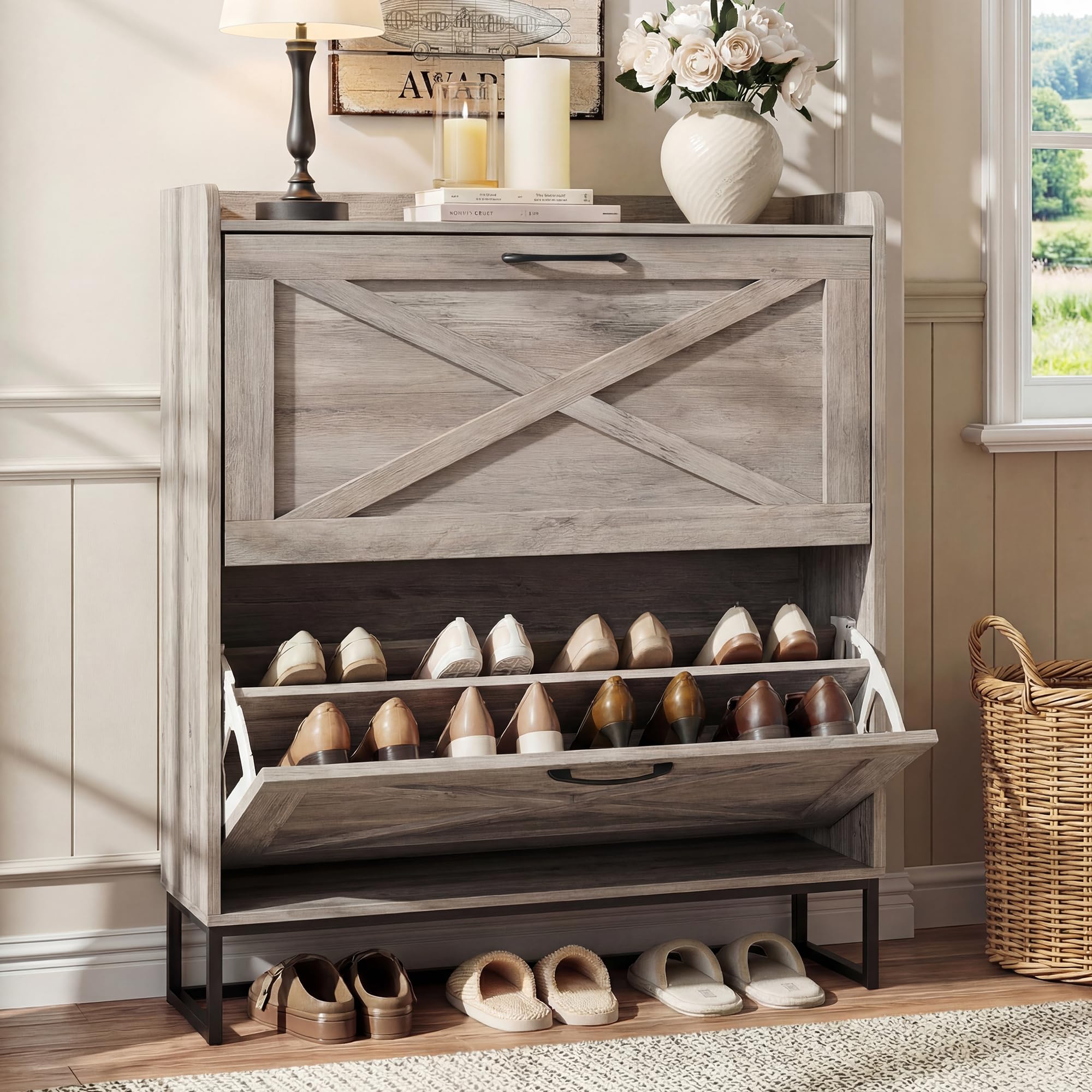 BonVache Rustic Shoe Cabinet 80cm Width For Hallway, Grey Cabinet Shoes with 2 Drawer Can Storage 16-20 Pairs of Shoes, Wooden Shoe Rack Cabinet Fold for Entryway Living Room