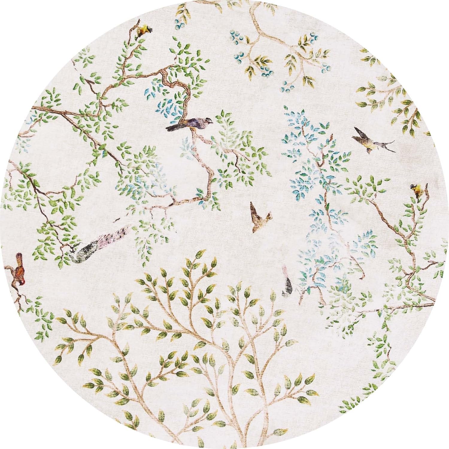 jinchan Yarden Round Rugs 4ft Ivory Botanical Birds Print Machine Washable 4' Circle Nature Plants Modern Soft Non Slip Throw Area Rugs Ultra Thin Low Pile Carpet for Entryway Bedroom Kids Room