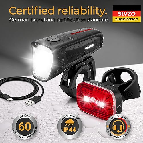 Miniatura 6 de LICHTMEISTER Bike Lights 100 Lux - 2000 mAh Battery - with Reflector & Brake Light - USB-C Rechargeable & Splash Proof - Bike Lights for Night