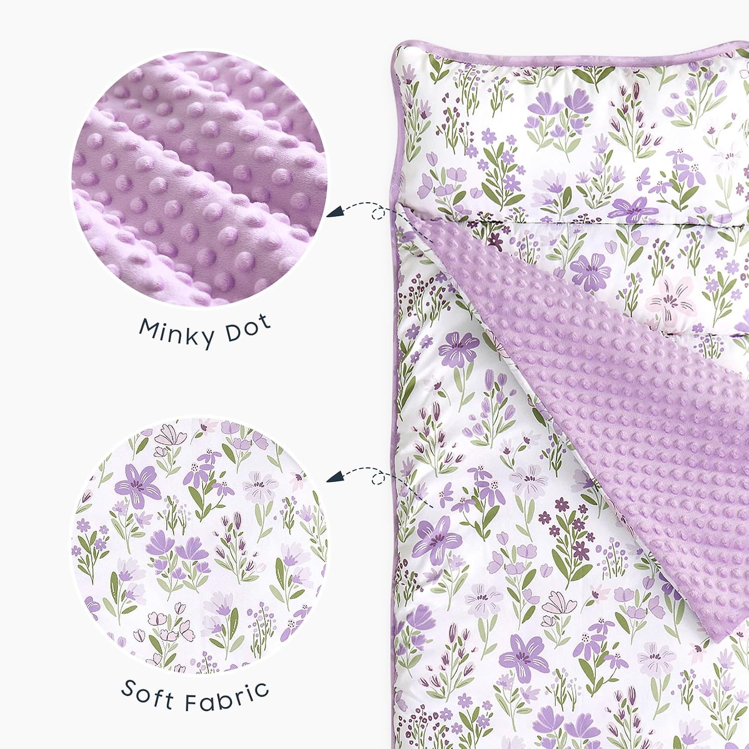 Wake In Cloud - Toddler Nap Mat with Pillow and Minky Fleece Blanket, for Kids Girls Ages 3 Plus in Daycare Preschool Kindergarten, Roll Up Sleeping Bag, Floral Flowers