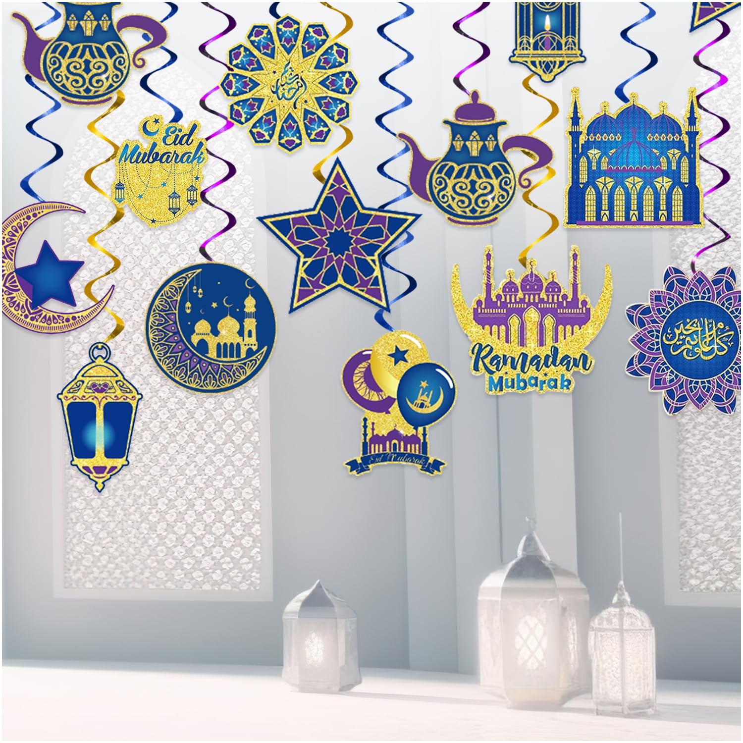 Décorations pour Ramadan Mubarak Lunarae | 30 suspensions dorées, violettes et bleues brillants