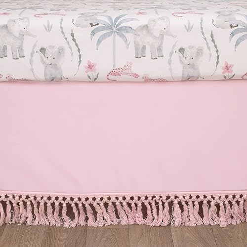 Miniatura 6 de NoJo Tropical Princess Elephant/Jungle Pink and Green - Juego de ropa de cama para cuna de 4 piezas, edredón, sábana bajera para cuna, volantes y