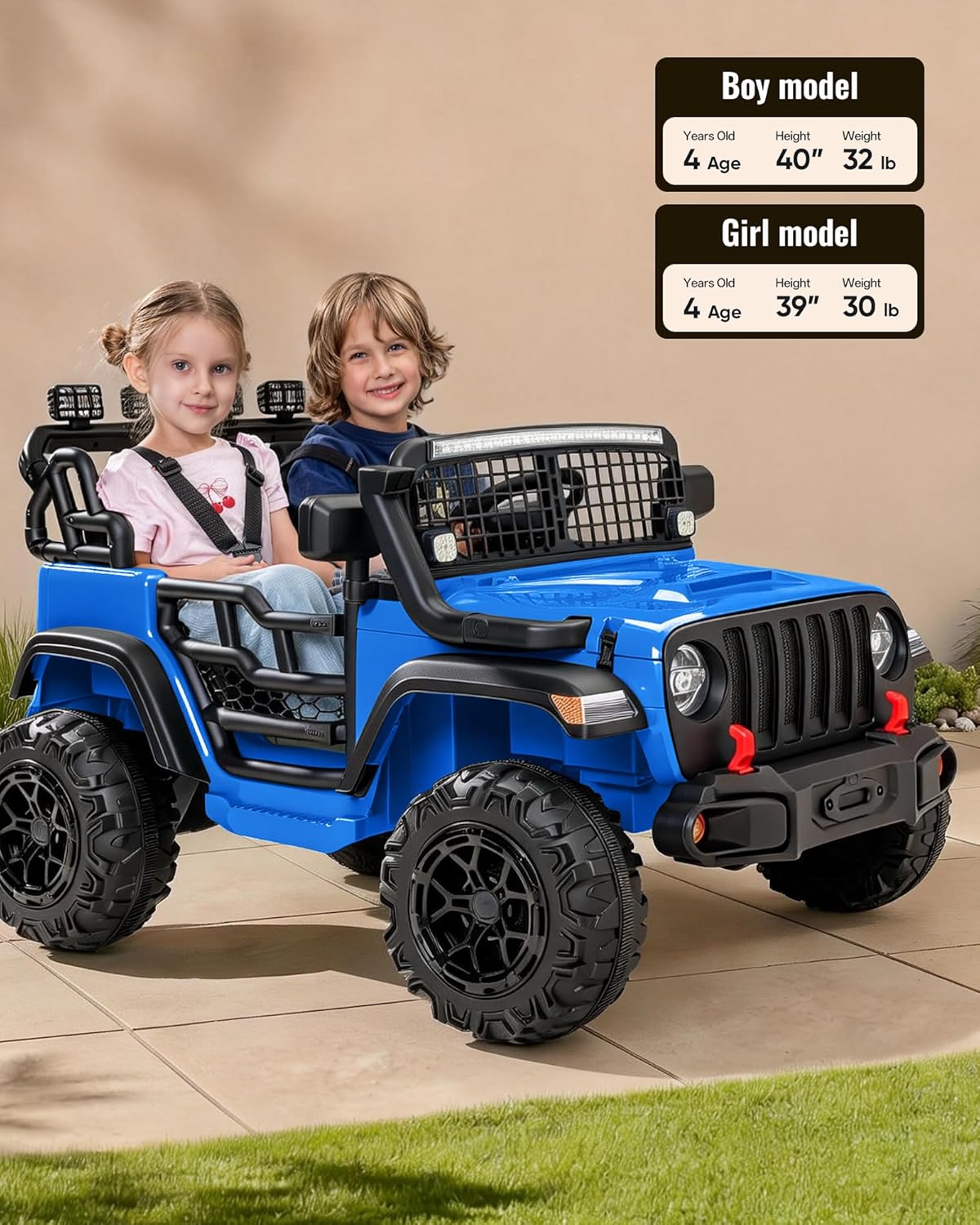 2 Seater Ride on Car Toy, 12V Electric Car for Kids 4-8 with Remote Control, Capacity 110 lb, LED Light - Blue