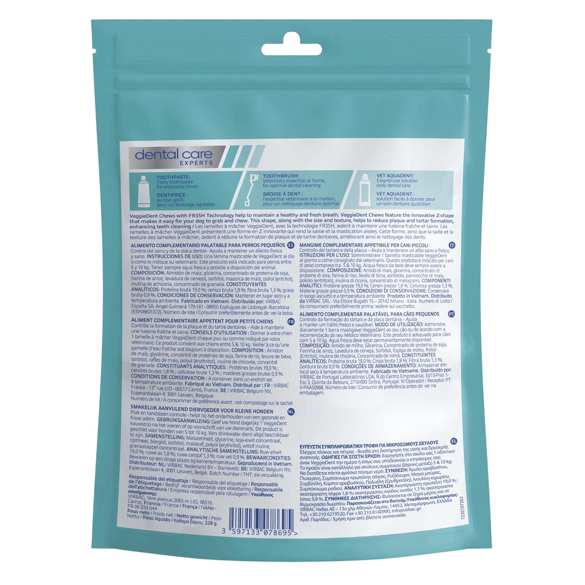 Virbac Veggiedent Mangime Complementare 15 Strisce Anti Tartaro e Alito Fresco per Cani Sotto 10 Kg
