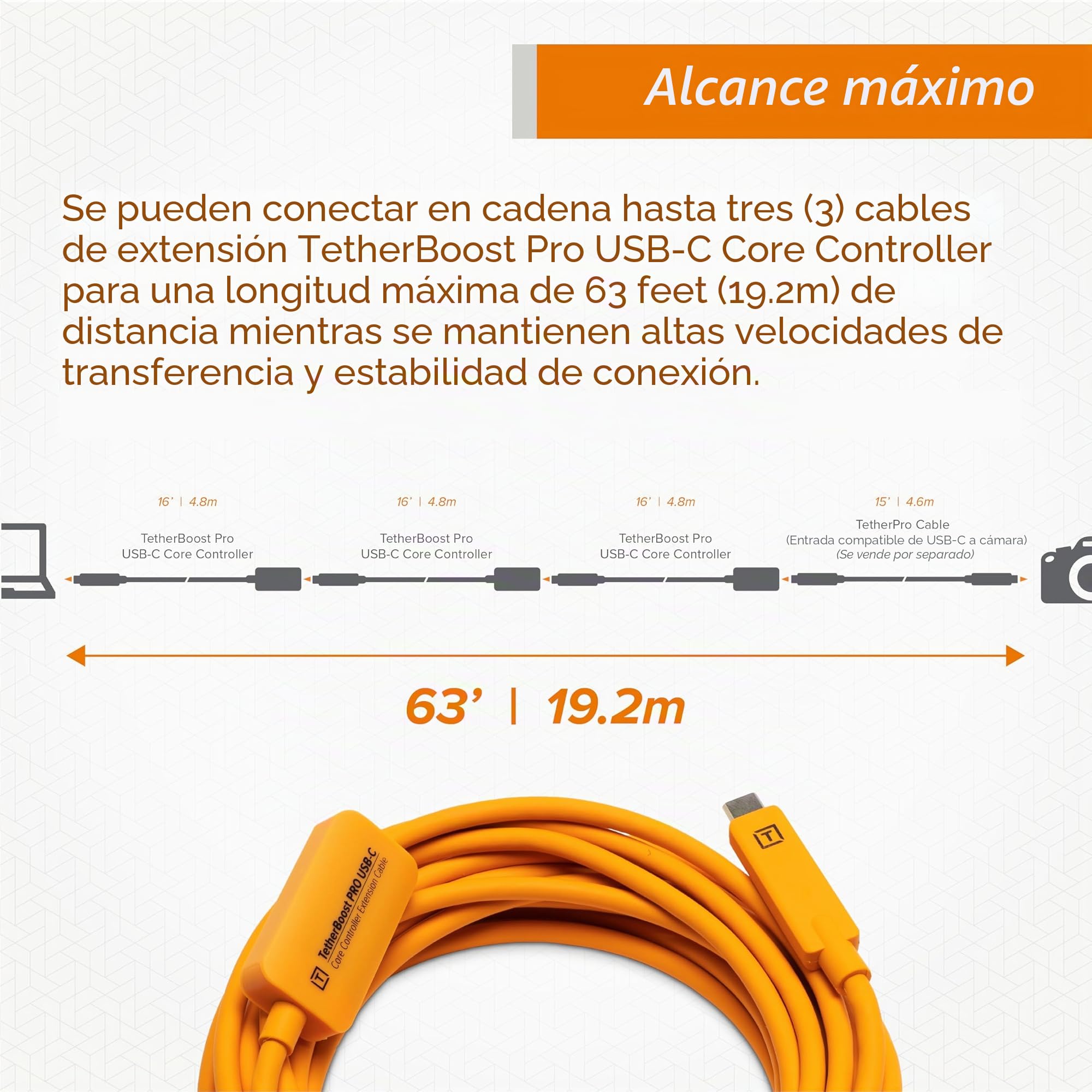 Tether Tools TetherBoost Pro USB-C Core Controller Extension Cable - Extensión para Cable USB-C (Naranja)