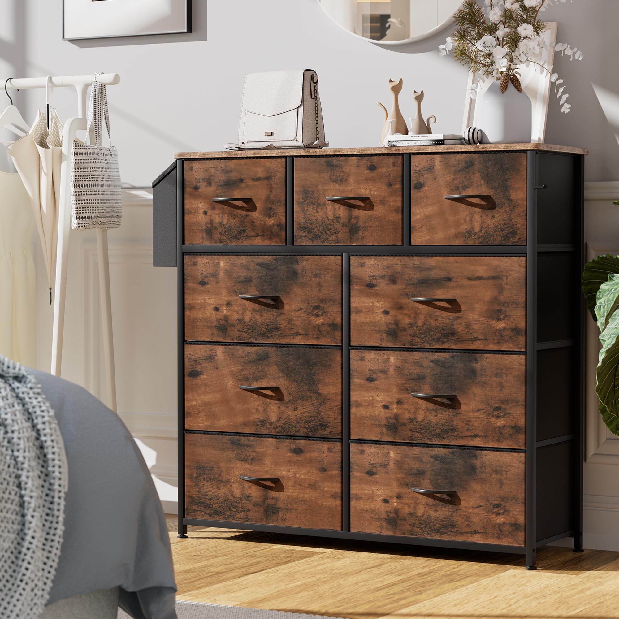 Cajonera de Tela - Cómoda Organizador de Lona con 9 Cajones Grandes, Tarjetas de Etiqueta, Bolsillo Lateral y Gancho, para Sala de Estar, Pasillo, Dormitorio