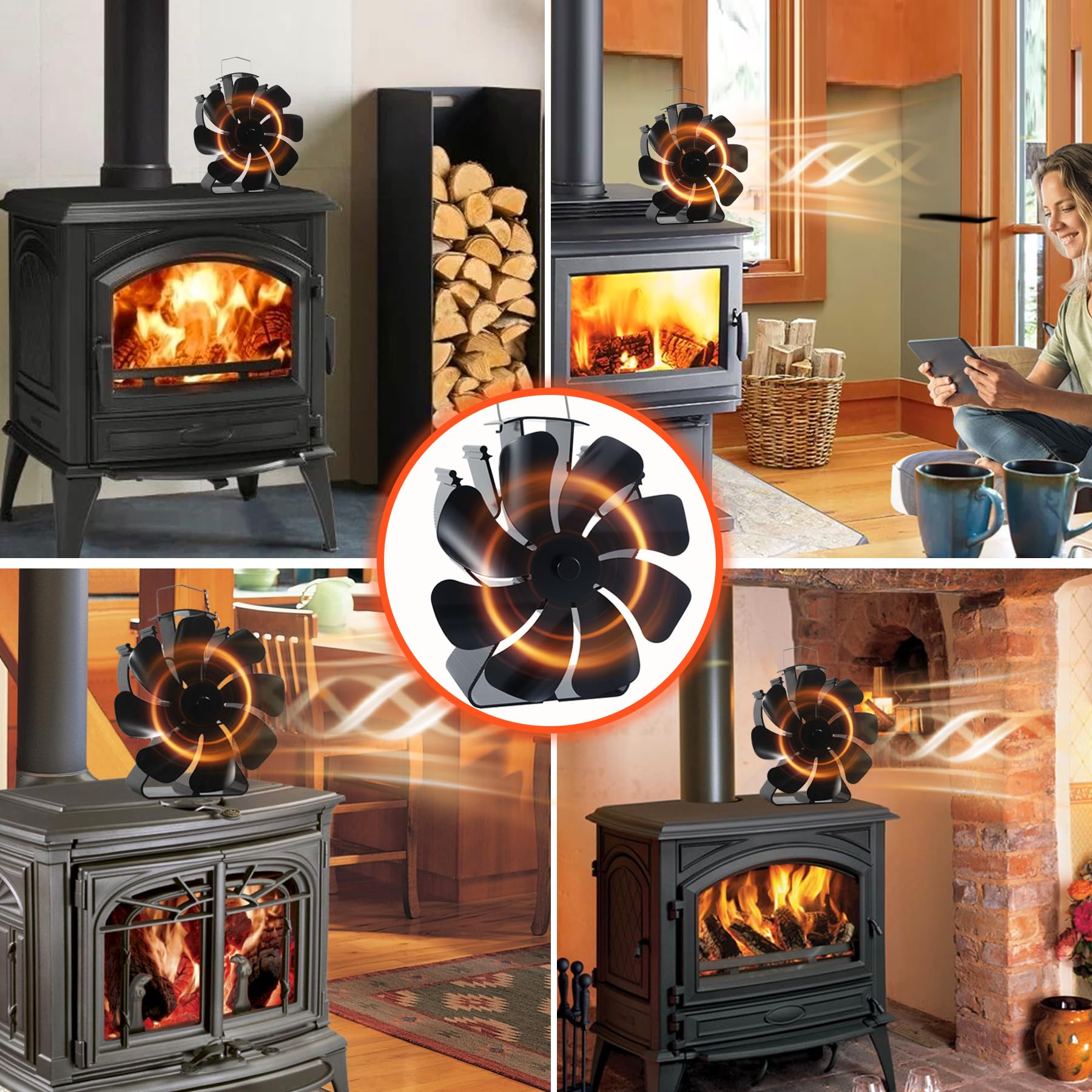 Ventilateur Poêle à Bois, 8 Pales Avec Thermomètre Silencieux - Ventilateur Cheminée Alimenté par la Chaleur - Pour Poêle à Bois/Cheminée/Gaz/Bûches