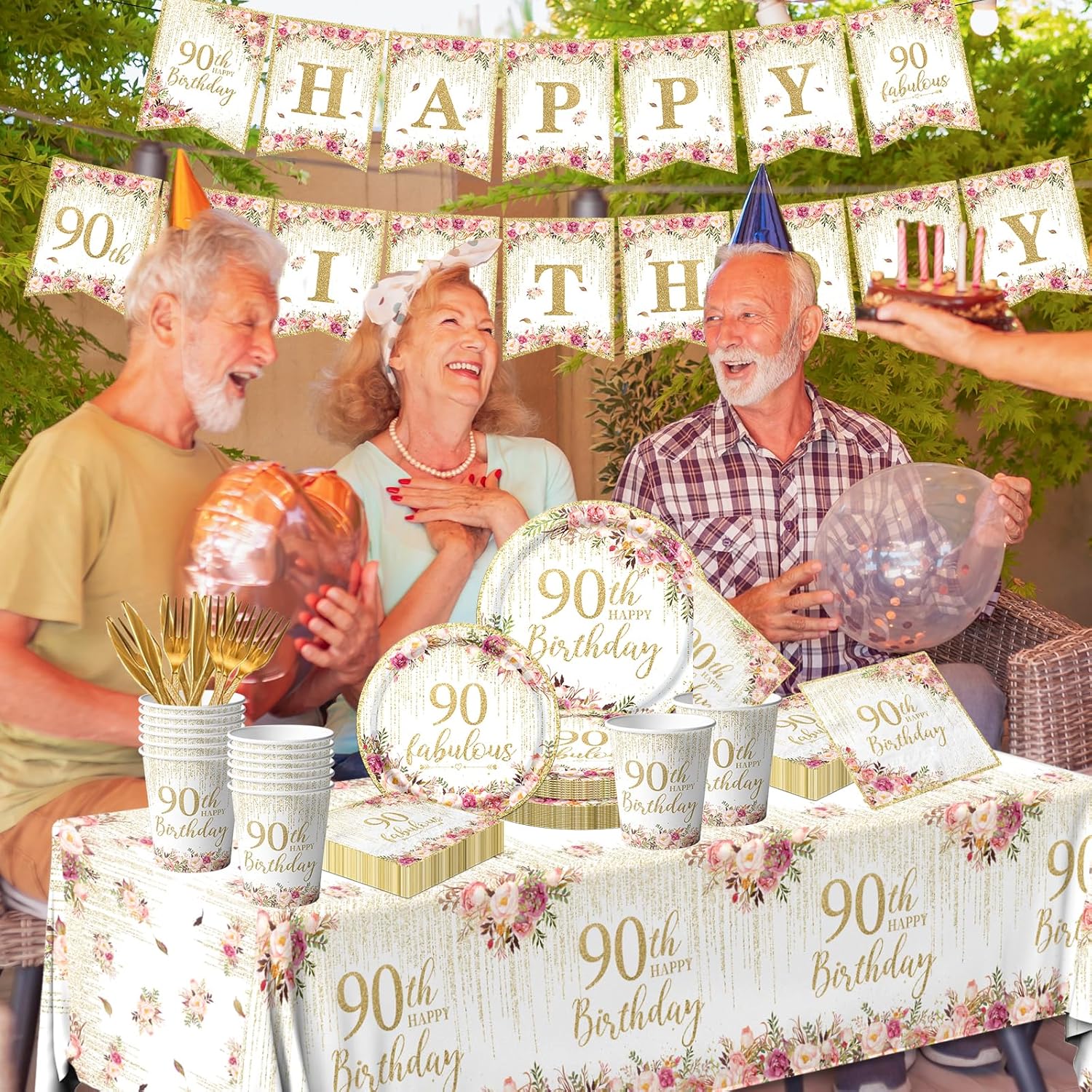 90th Birthday Party Tableware, 142Pcs Rose Gold 90th Birthday Decorations for Women, Includes Plates, Napkins,Tablecloth, Cup, Banner, Serves 20 - Image 6