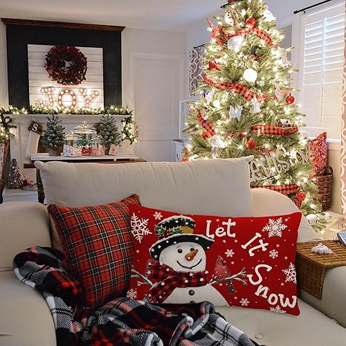 Miniatura 6 de Fundas de almohada rojas de Navidad de 12 x 20 pulgadas, funda de almohada lumbar con diseño de muñeco de nieve y muñeco de nieve, funda de almohada