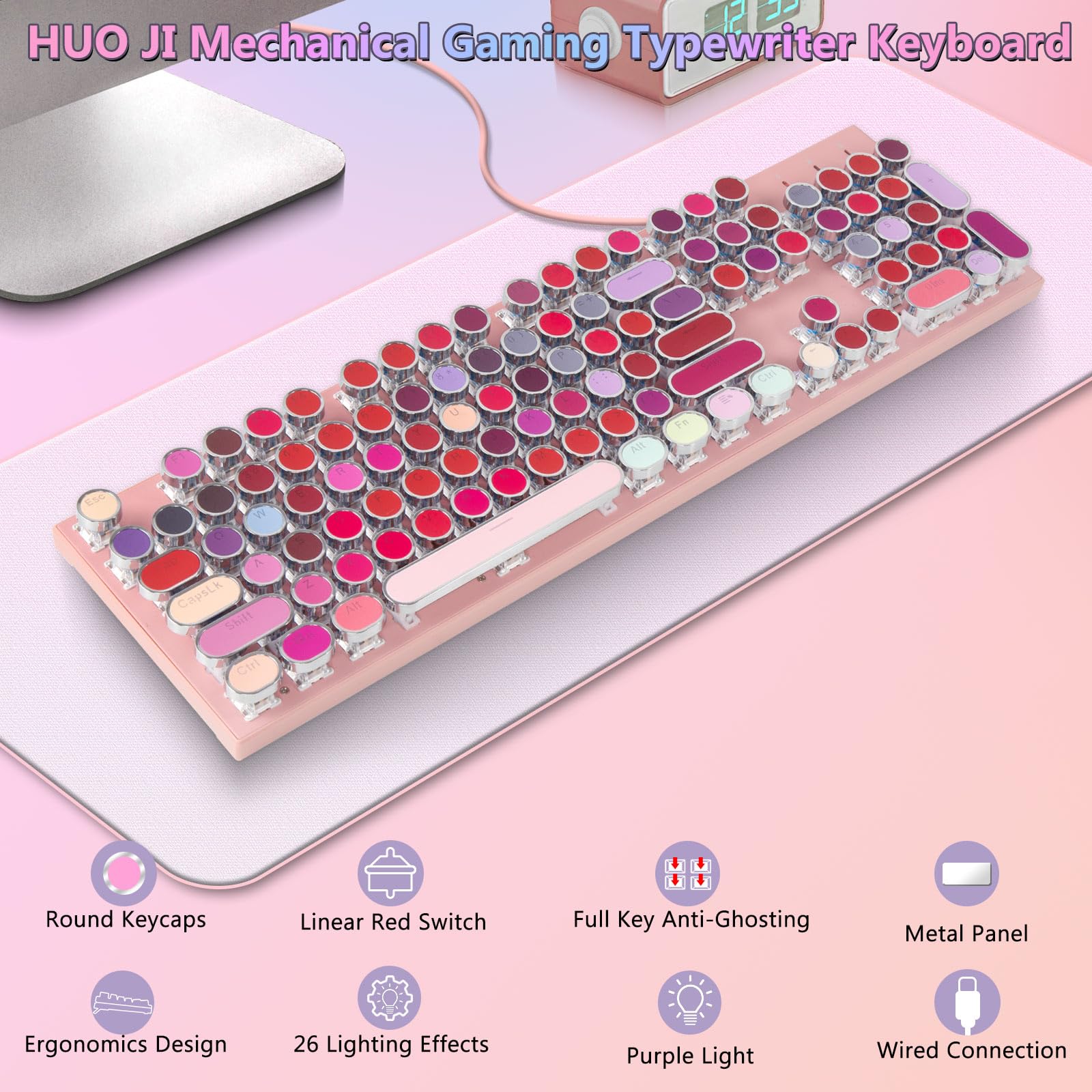 HUO JI - Teclado mecánico para juegos con luz lateral RGB y retroiluminada arcoíris, estilo retro, interruptores rojos, panel de metal, lápiz labial, 104 teclas para Mac, PC, lindo rosa