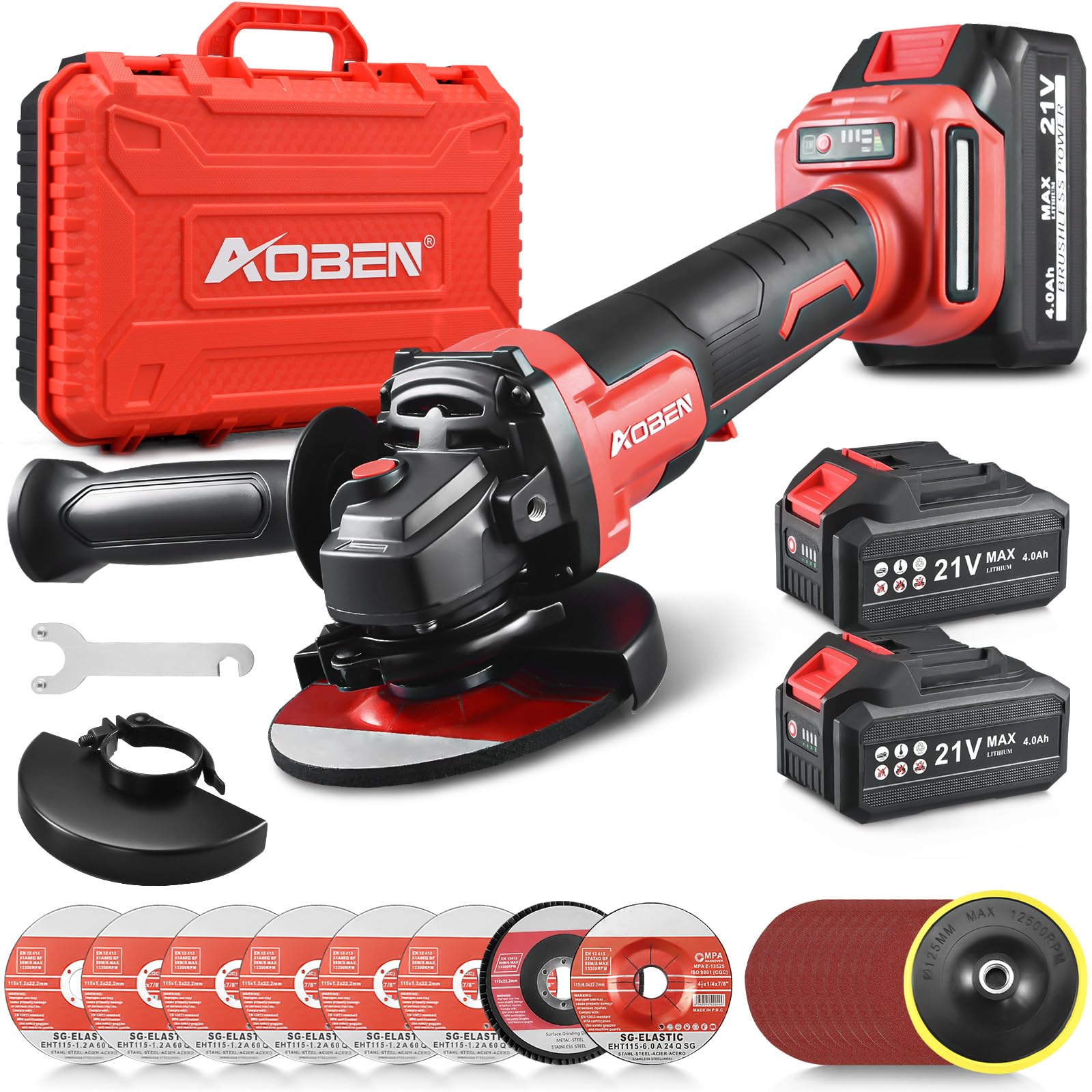AOBEN 21V Cordless Angle Grinder Tool, 4-1/2 Inch Power Brushless Cut Off Grinder, Paddle Switch, with 2x4.0Ah Battery & Charger, Electric Handheld Grinder for Metal Cutting, Grinding, Polishing