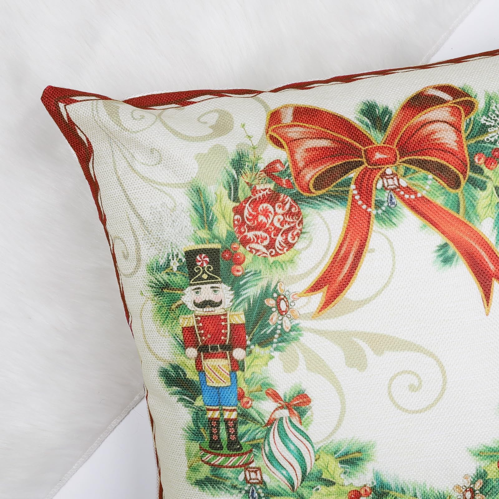 Bonhause Christmas Santa Claus Cushion Covers 45 x 45 cm Xmas Wreath Bells Socks Winter Holiday Decorative Throw Pillow Covers Polyester Linen Pillowcases for Sofa Bed Xmas Decor Set of 4 - Image 4